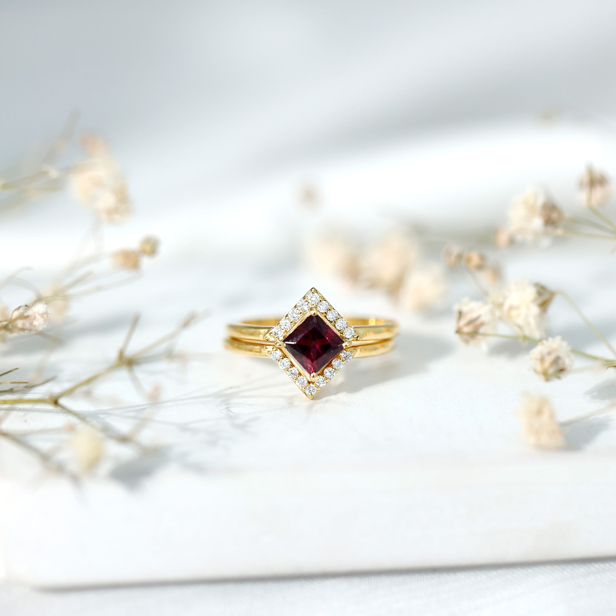 Rhodolite Garnet Princess Cut Engagement Ring with Diamond Enhancer AAA 14K Yellow Gold Plated Silver - Rosec Jewels