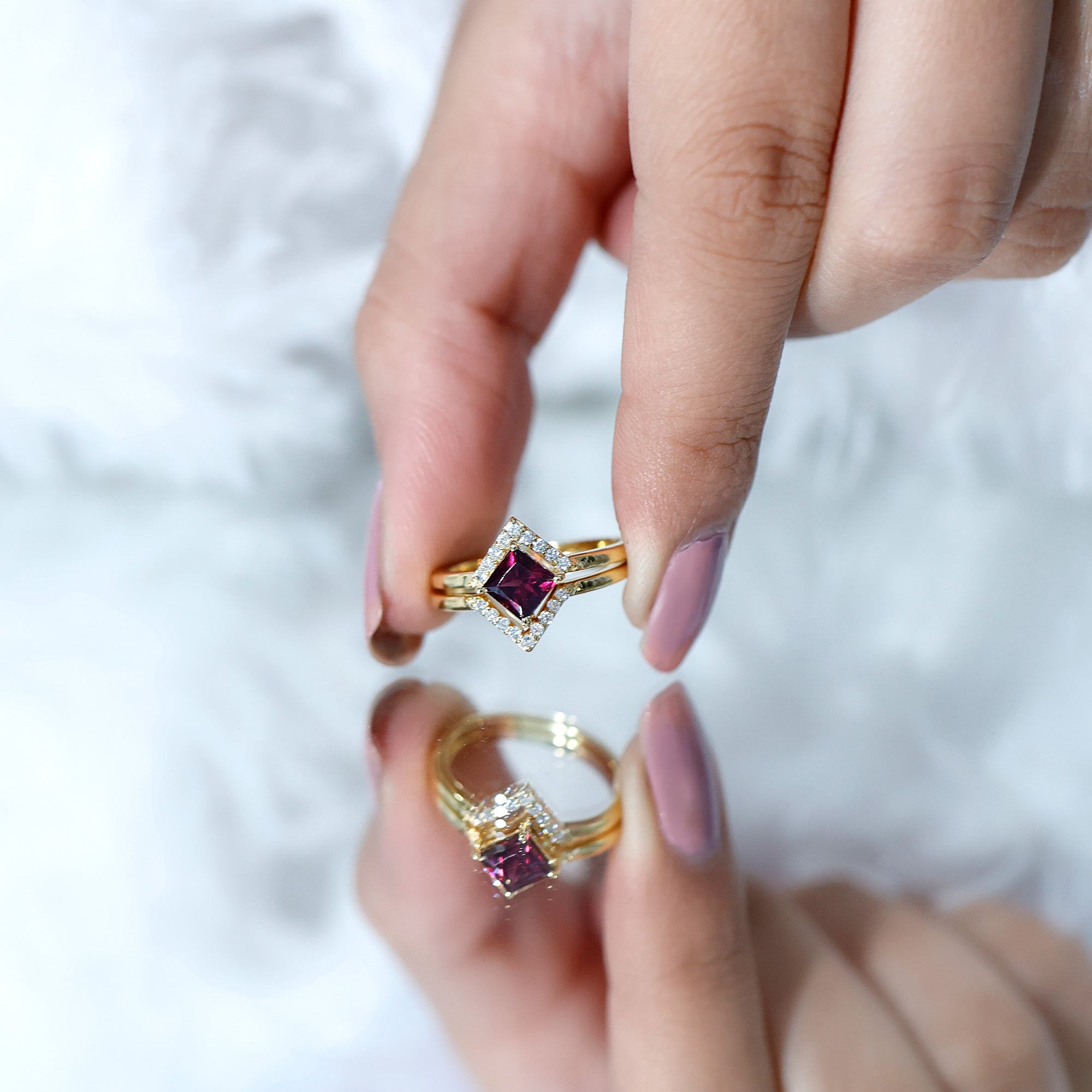 Rhodolite Garnet Princess Cut Engagement Ring with Diamond Enhancer AAA 14K Yellow Gold Plated Silver - Rosec Jewels