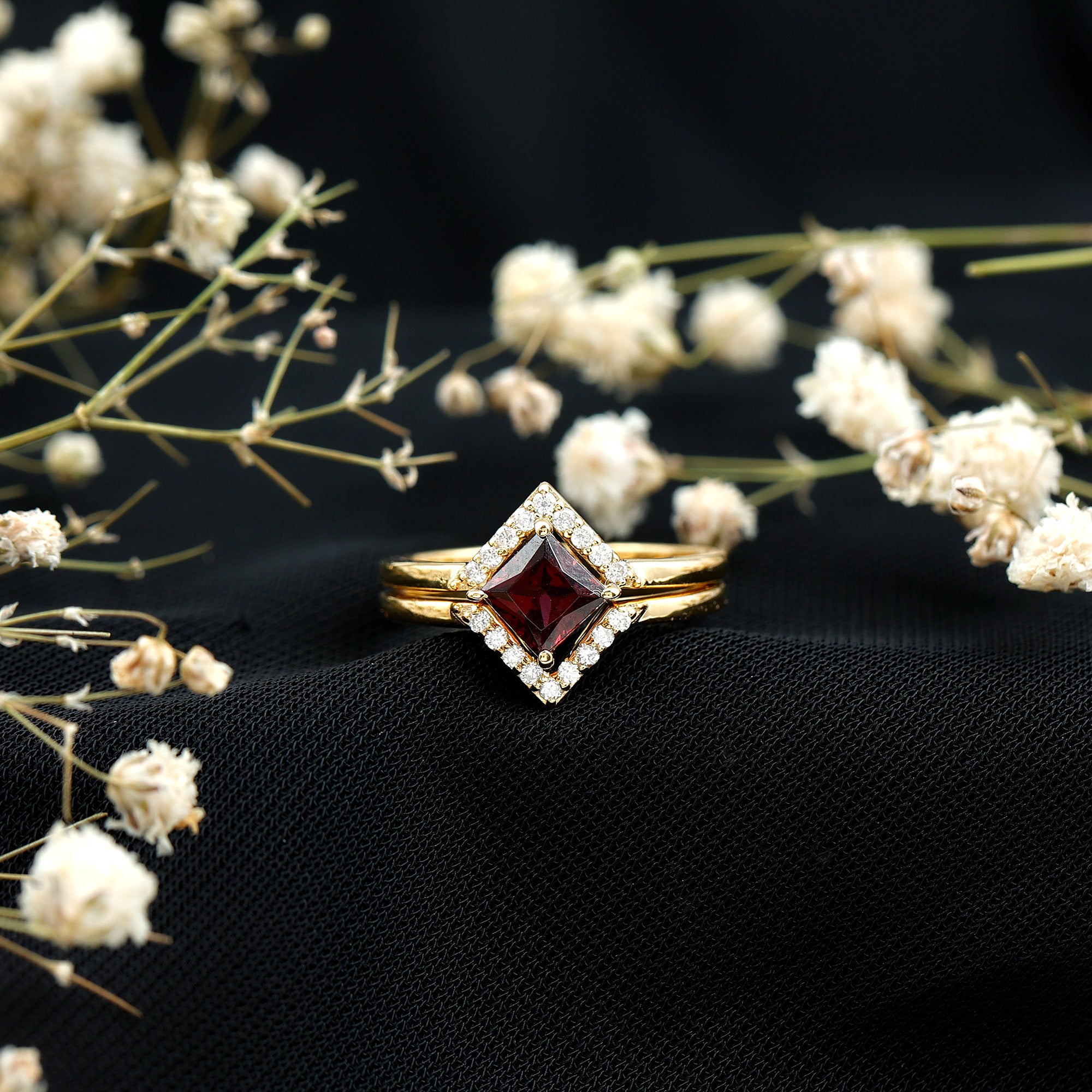 Rhodolite Garnet Princess Cut Engagement Ring with Diamond Enhancer AAA 14K Yellow Gold Plated Silver - Rosec Jewels