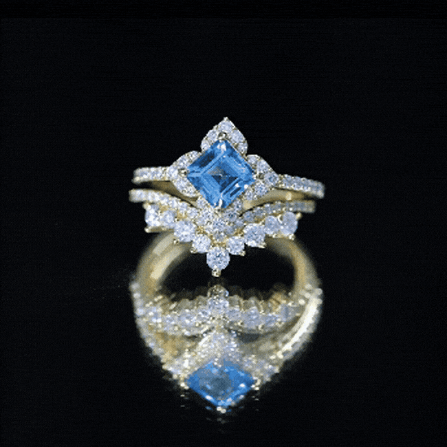 Genuine Princess Cut Swiss Blue Topaz Floral Wedding Ring Set in Silver AAA 14K Yellow Gold Plated Silver - Rosec Jewels