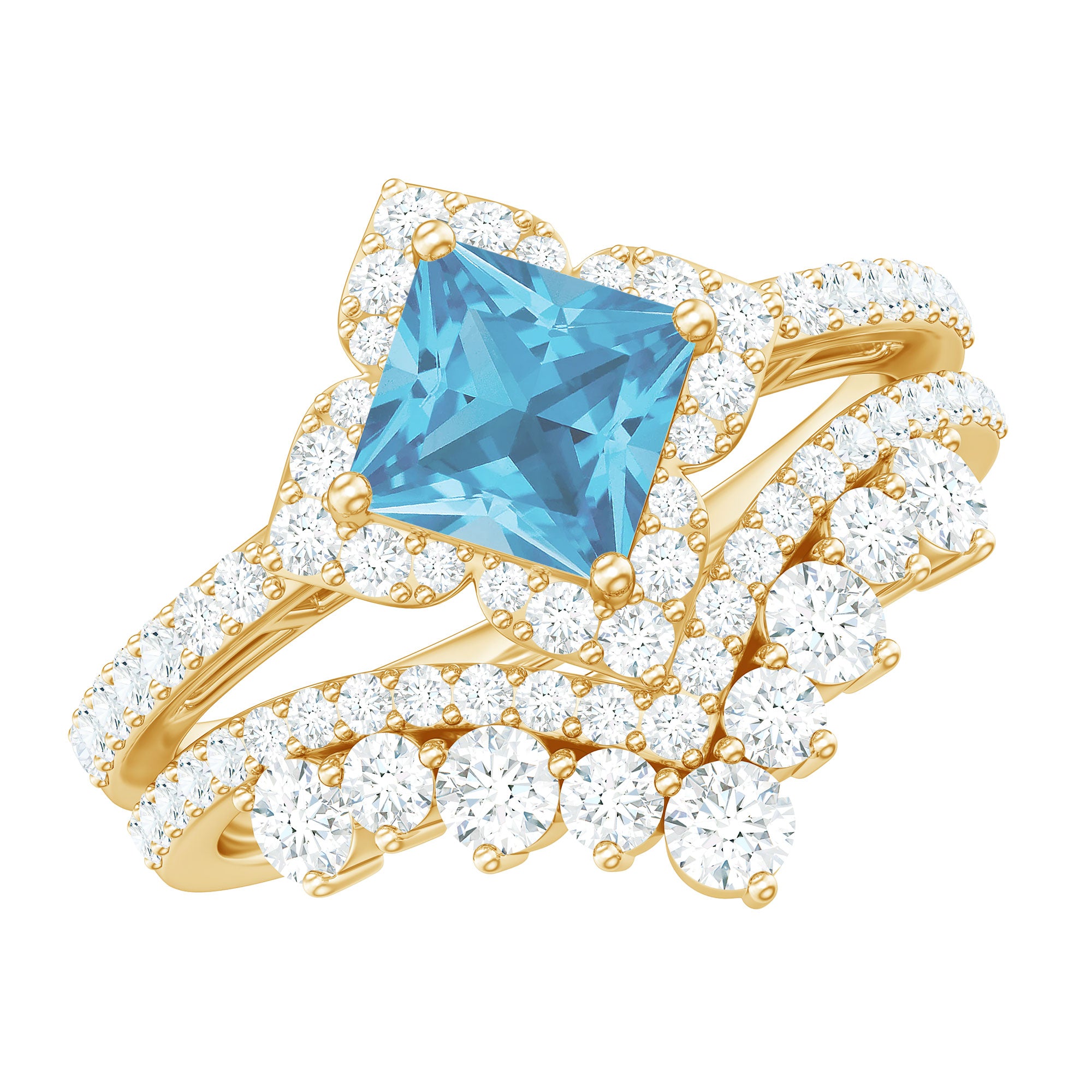 Genuine Princess Cut Swiss Blue Topaz Floral Wedding Ring Set in Silver AAA 14K Yellow Gold Plated Silver - Rosec Jewels