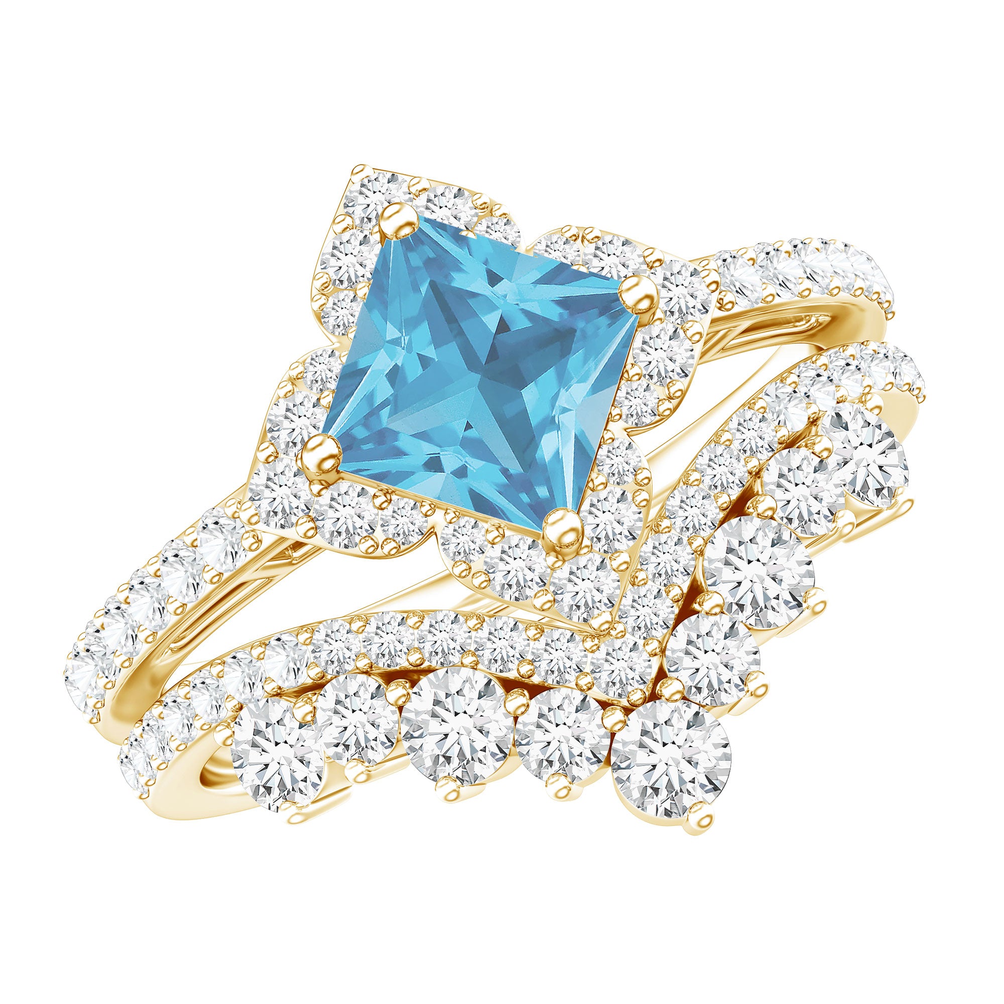 Genuine Princess Cut Swiss Blue Topaz Floral Wedding Ring Set in Silver AAA 14K Yellow Gold Plated Silver - Rosec Jewels