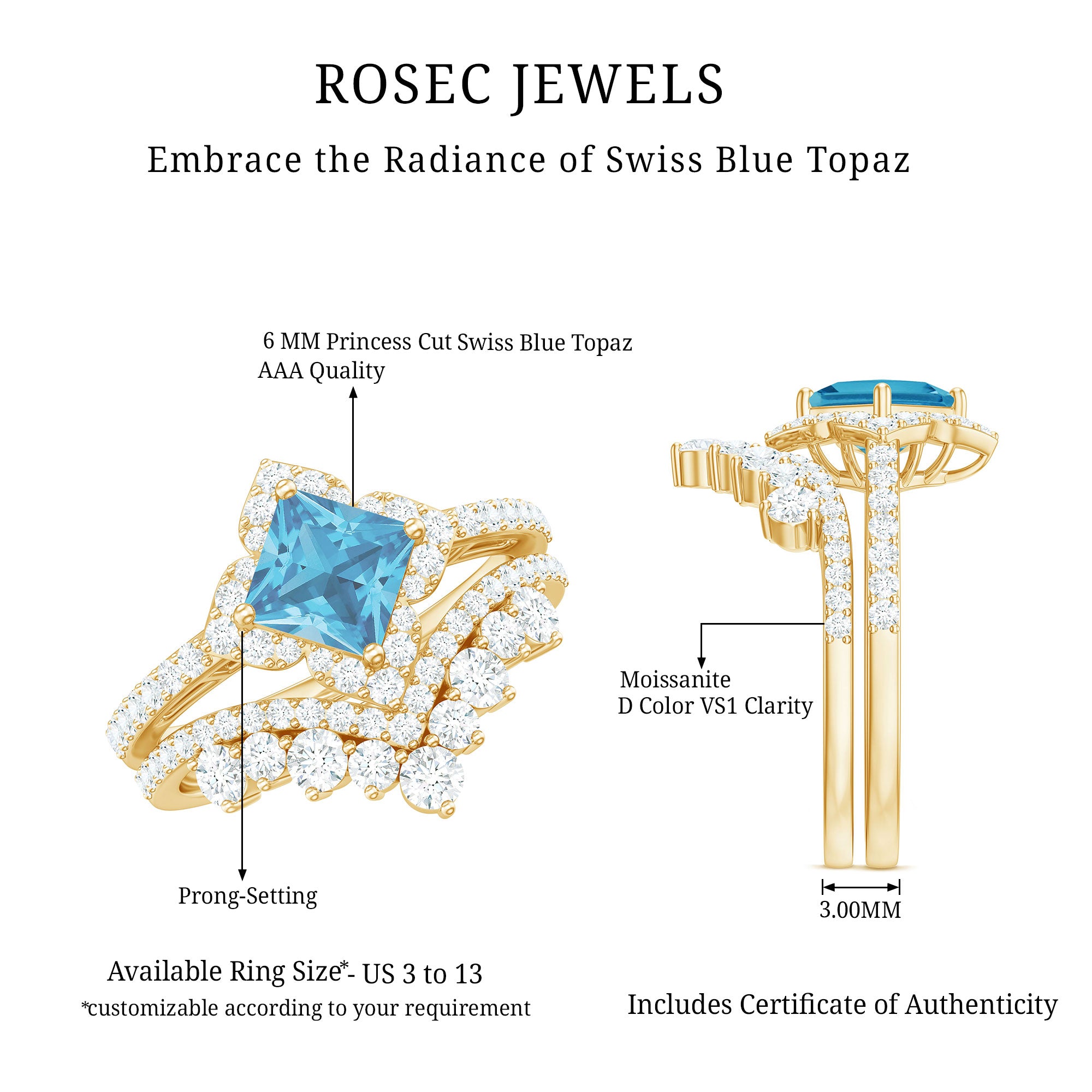 Genuine Princess Cut Swiss Blue Topaz Floral Wedding Ring Set in Silver AAA 14K Yellow Gold Plated Silver - Rosec Jewels