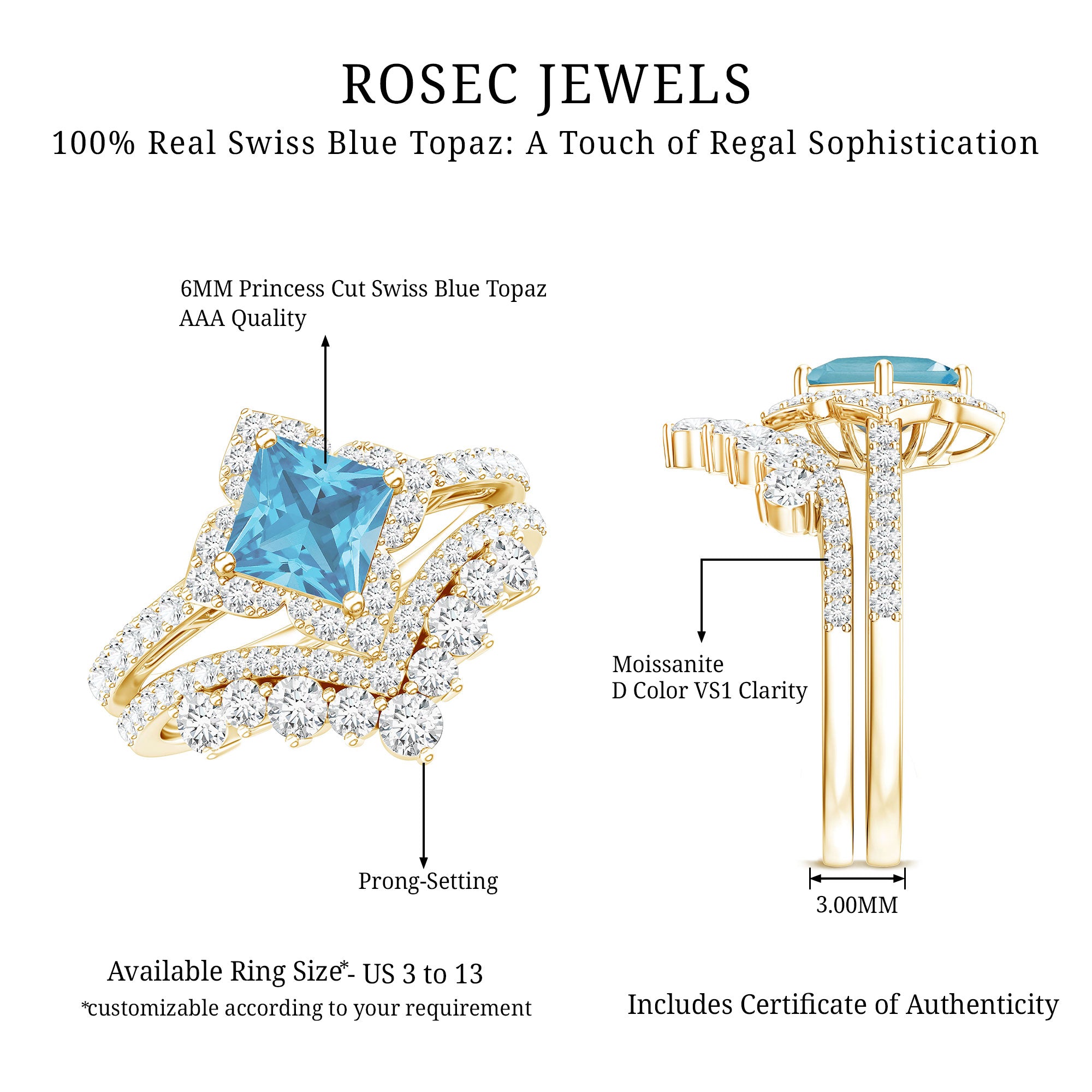 Genuine Princess Cut Swiss Blue Topaz Floral Wedding Ring Set in Silver AAA 14K Yellow Gold Plated Silver - Rosec Jewels