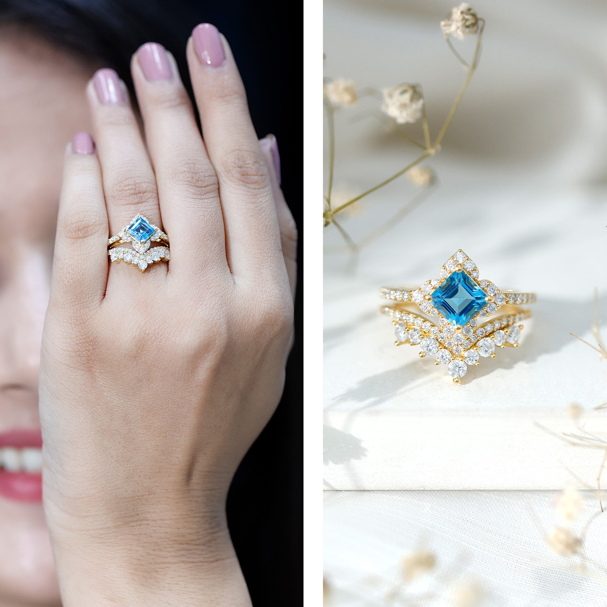 Genuine Princess Cut Swiss Blue Topaz Floral Wedding Ring Set in Silver AAA 14K Yellow Gold Plated Silver - Rosec Jewels