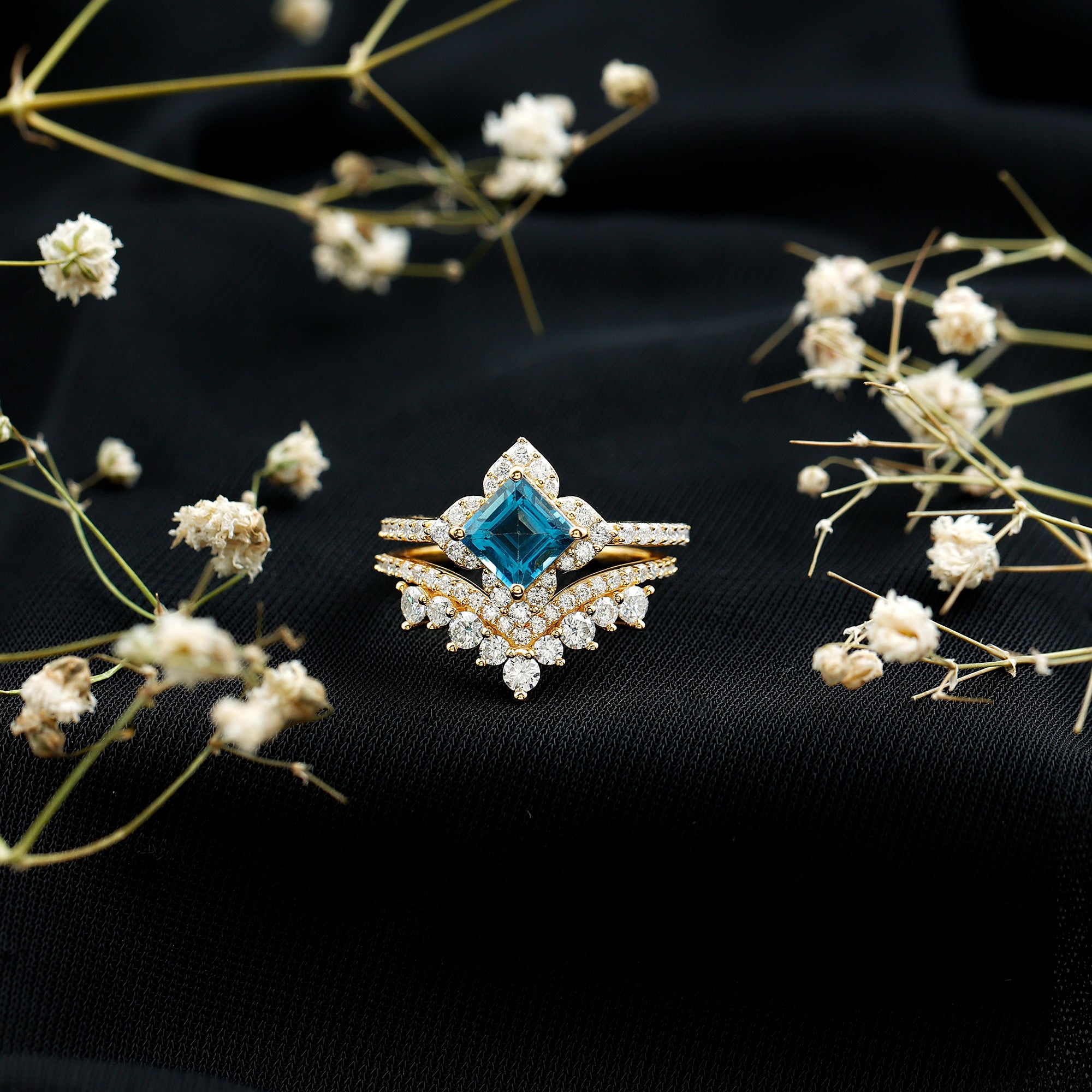 Genuine Princess Cut Swiss Blue Topaz Floral Wedding Ring Set in Silver AAA 14K Yellow Gold Plated Silver - Rosec Jewels