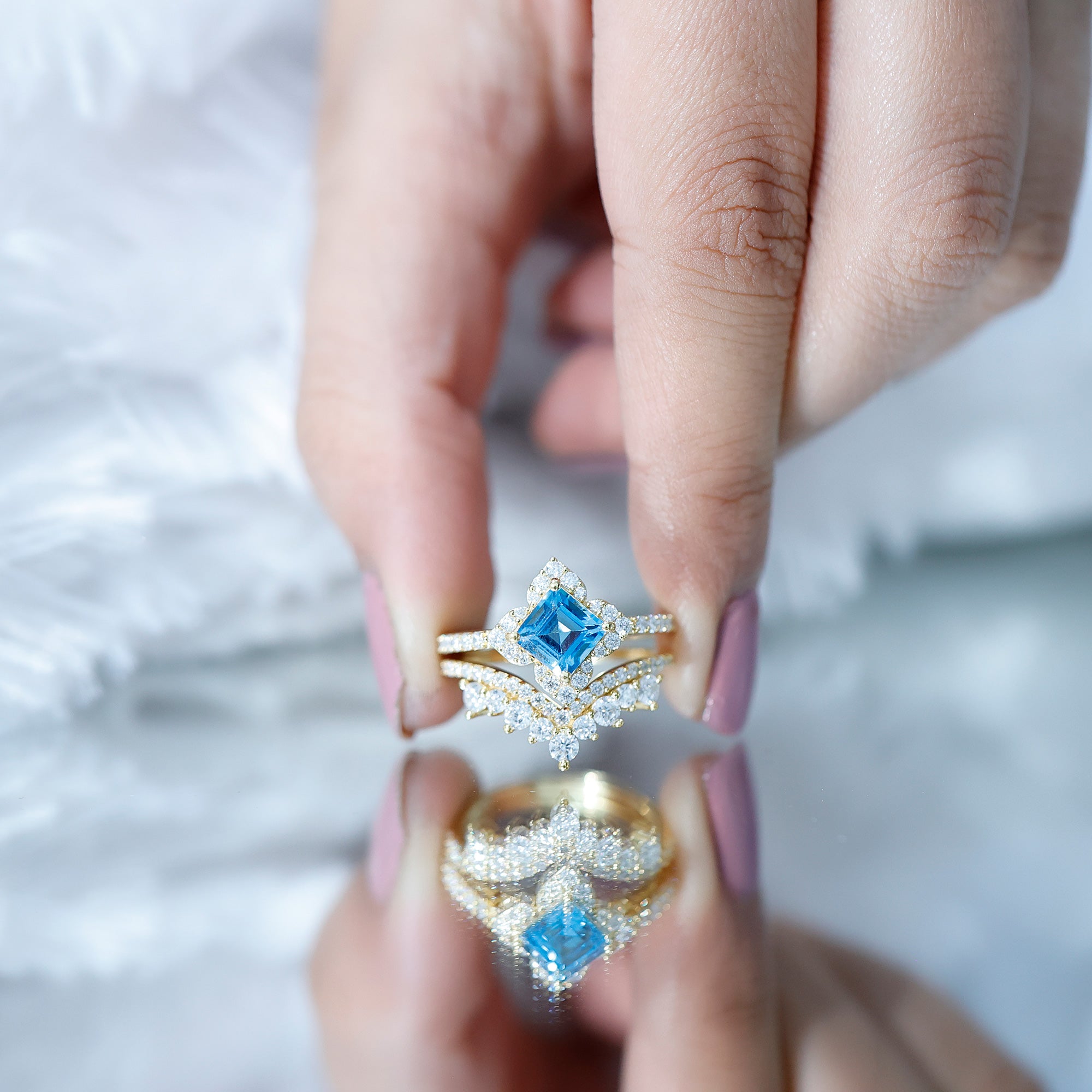 Genuine Princess Cut Swiss Blue Topaz Floral Wedding Ring Set in Silver AAA 14K Yellow Gold Plated Silver - Rosec Jewels
