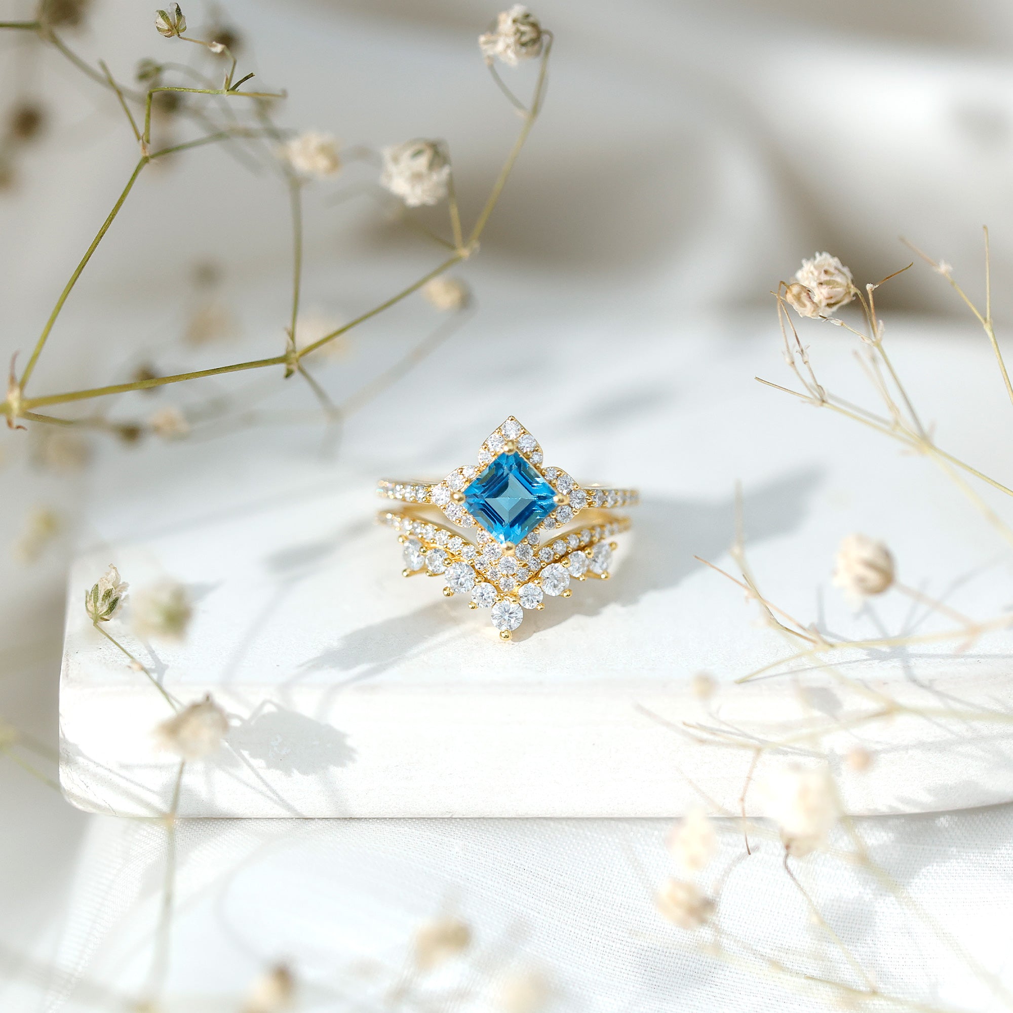 Genuine Princess Cut Swiss Blue Topaz Floral Wedding Ring Set in Silver AAA 14K Yellow Gold Plated Silver - Rosec Jewels