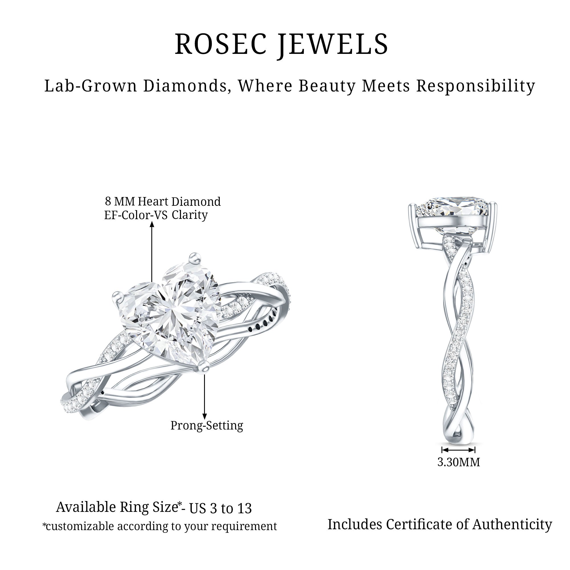 Brilliant Cut Lab Grown Diamond Heart Shape Engagement Ring Lab - ( EF-VS ) - Rosec Jewels