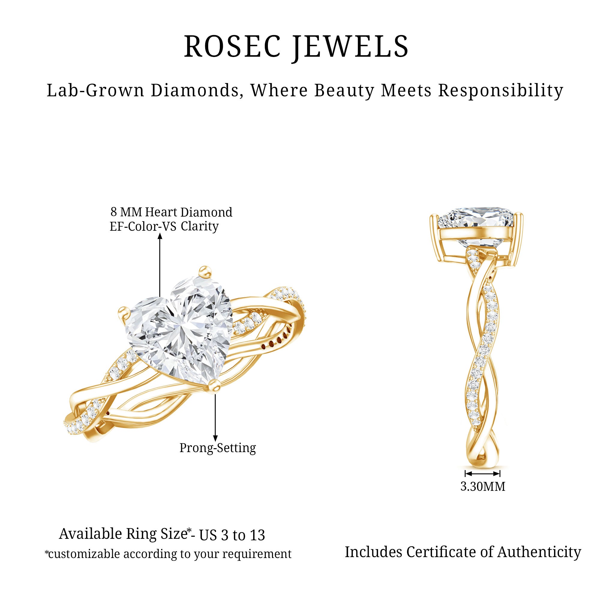 Brilliant Cut Lab Grown Diamond Heart Shape Engagement Ring Lab - ( EF-VS ) - Rosec Jewels