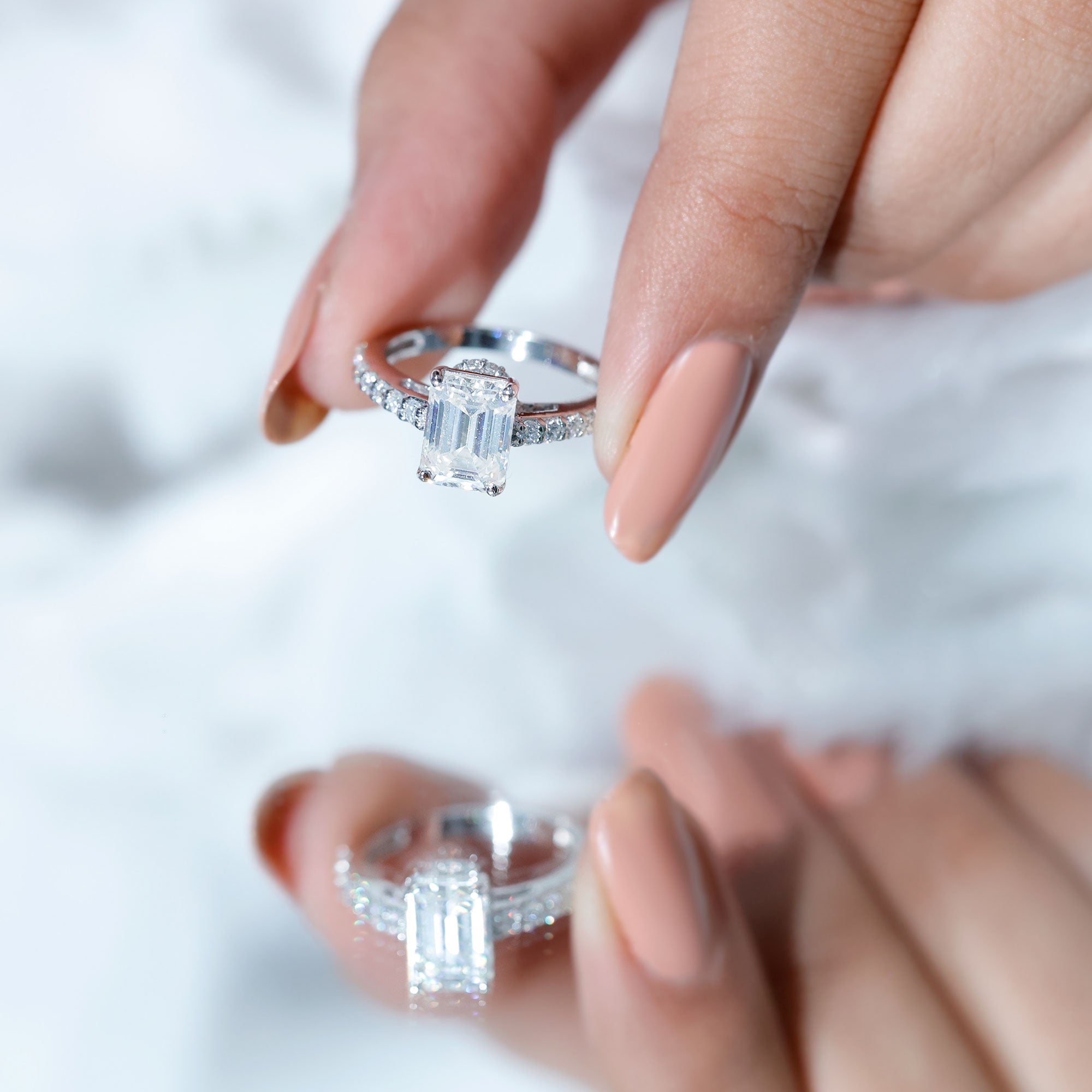 Rosec Jewels-Diamond Emerald Cut Engagement Ring With Hidden Halo