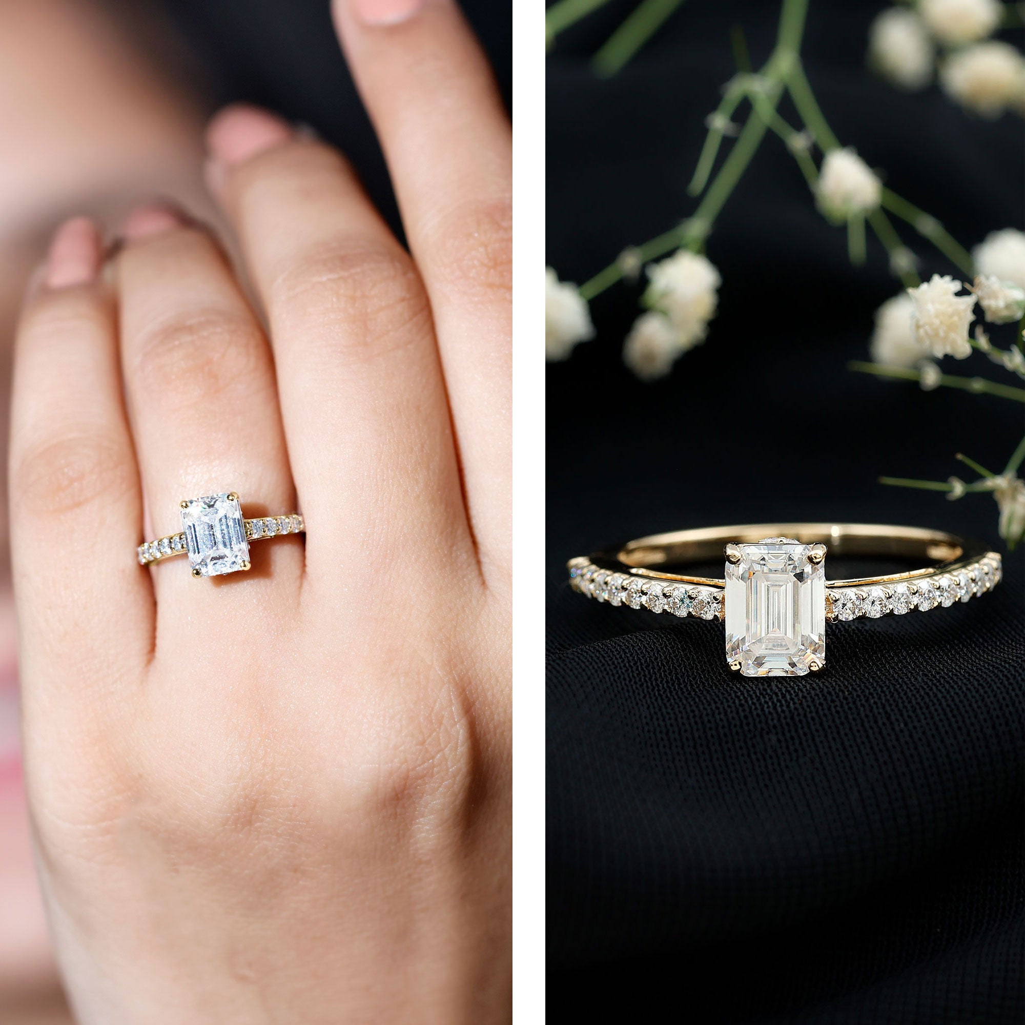 Rosec Jewels-Diamond Emerald Cut Engagement Ring With Hidden Halo