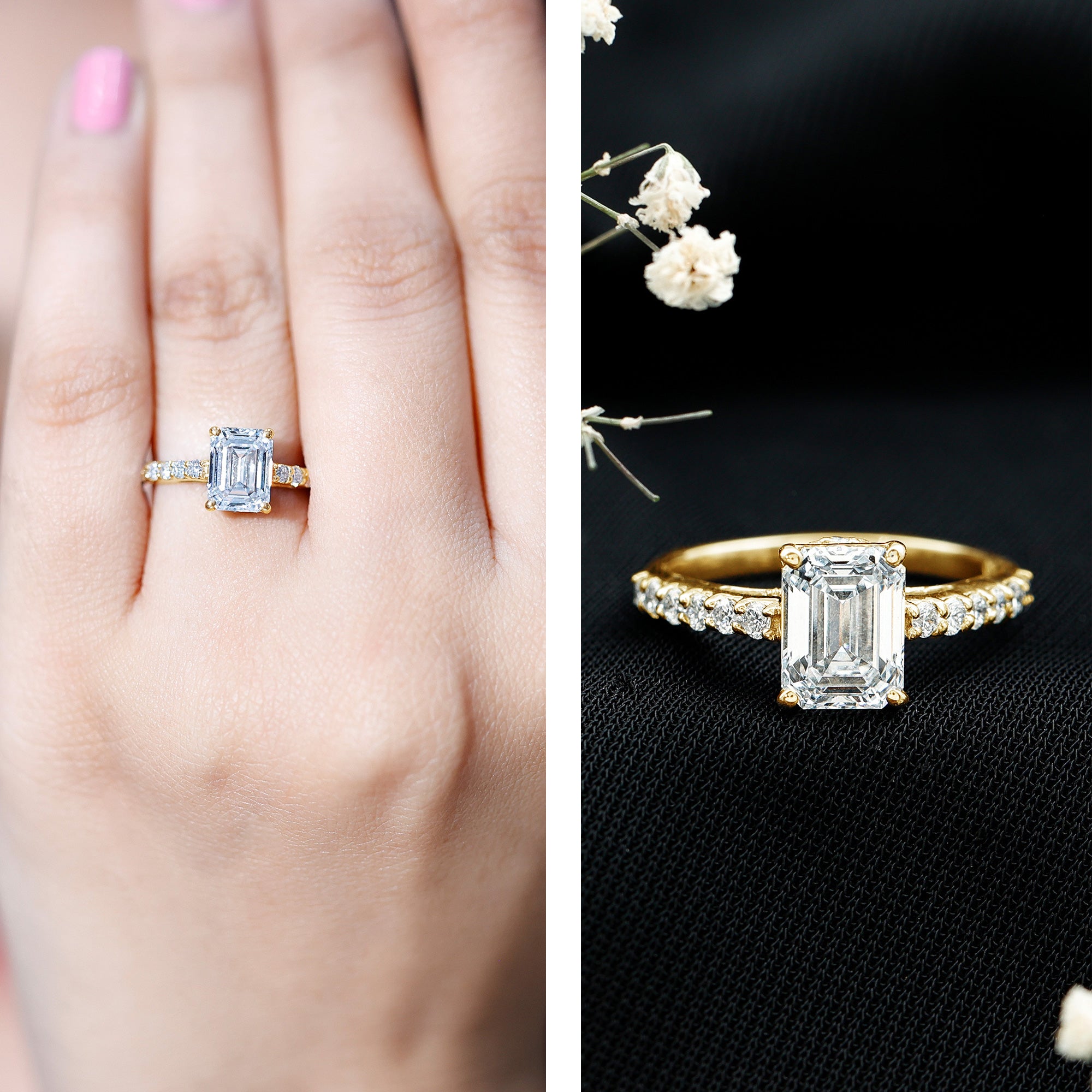 Diamond Emerald Cut Engagement Ring With Hidden Halo Lab - ( EF-VS ) - Rosec Jewels