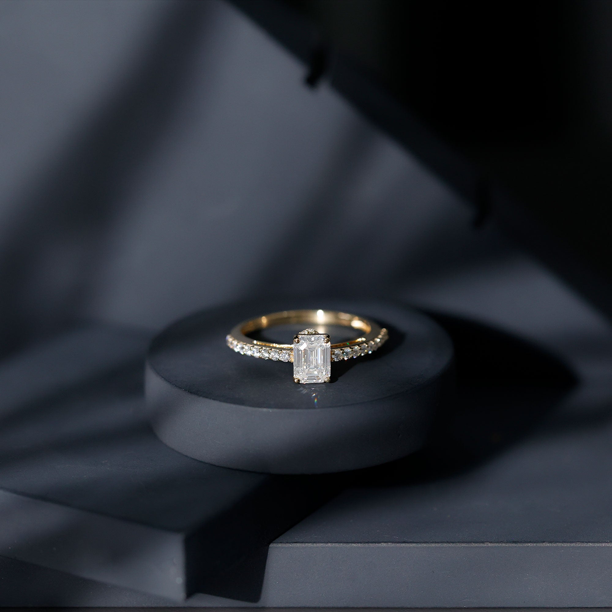 Rosec Jewels-Diamond Emerald Cut Engagement Ring With Hidden Halo