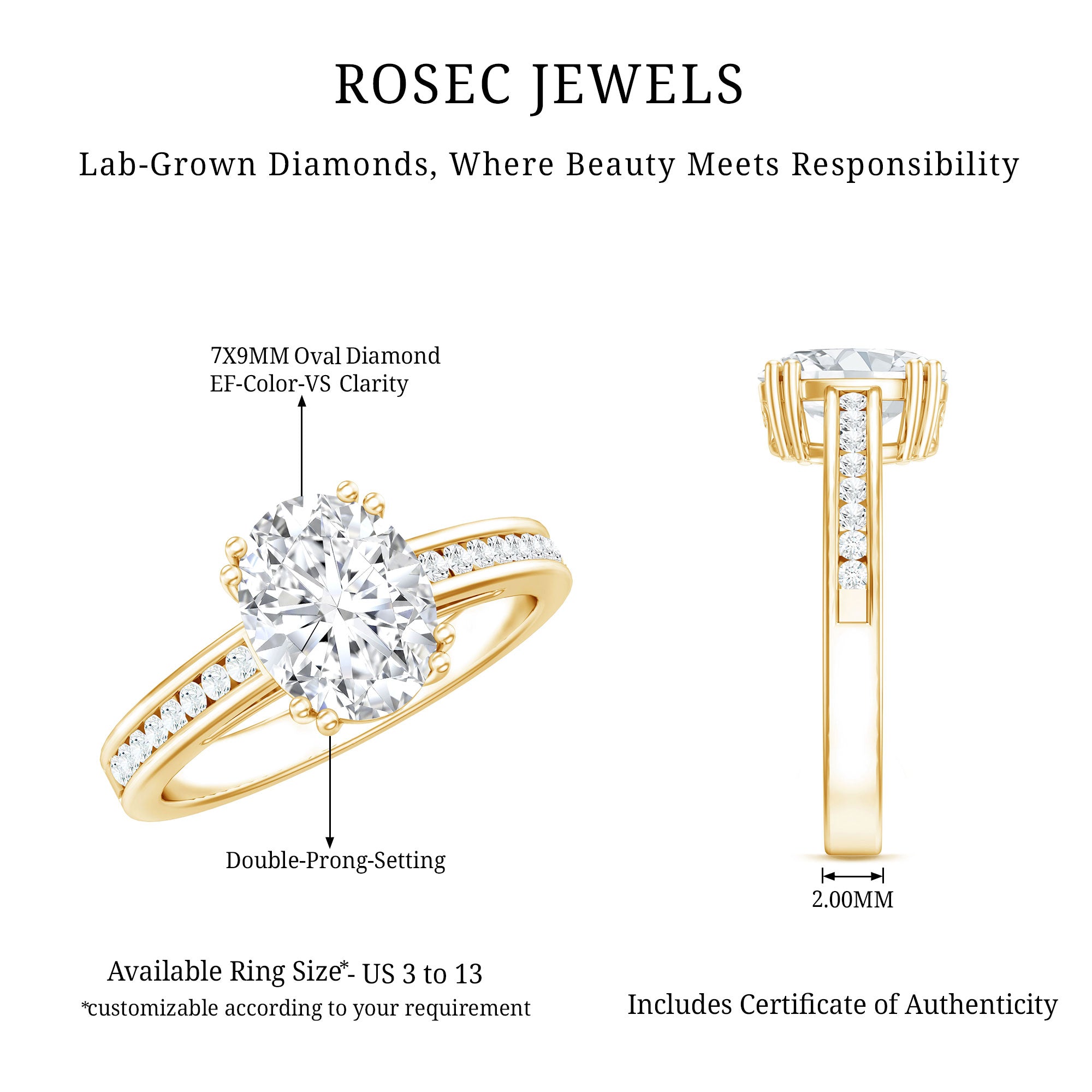 Lab Grown Diamond Timeless Engagement Ring With Side Stones Lab - ( EF-VS ) - Rosec Jewels