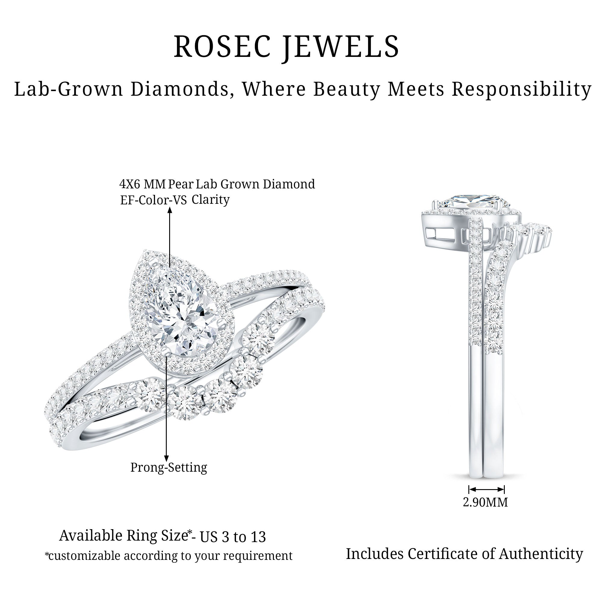 Lab Grown Diamond Designer Bridal Ring Set for Her Lab - ( EF-VS ) - Rosec Jewels