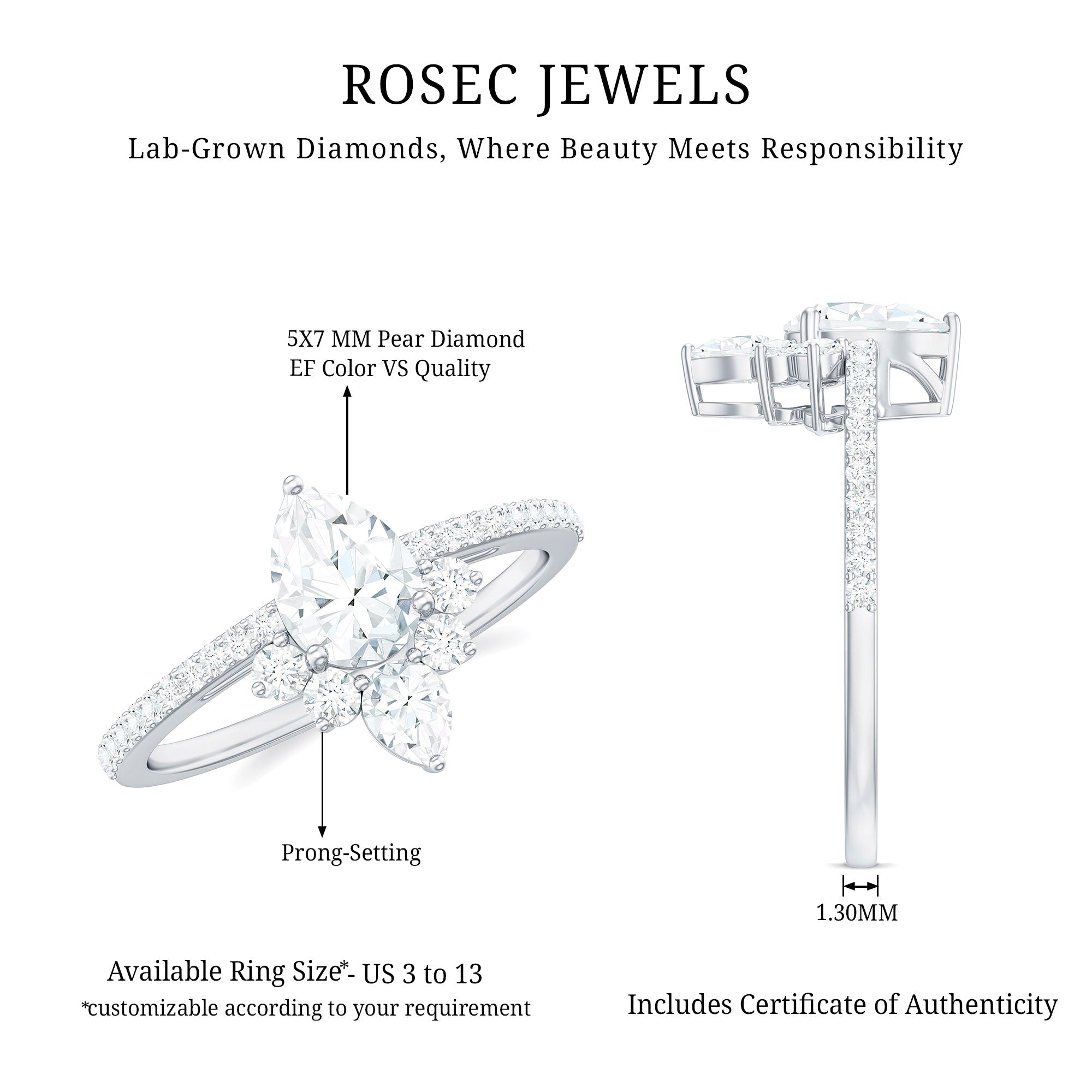 Rosec Jewels-Lab Grown Diamond Unique Engagement Ring with Side Stones