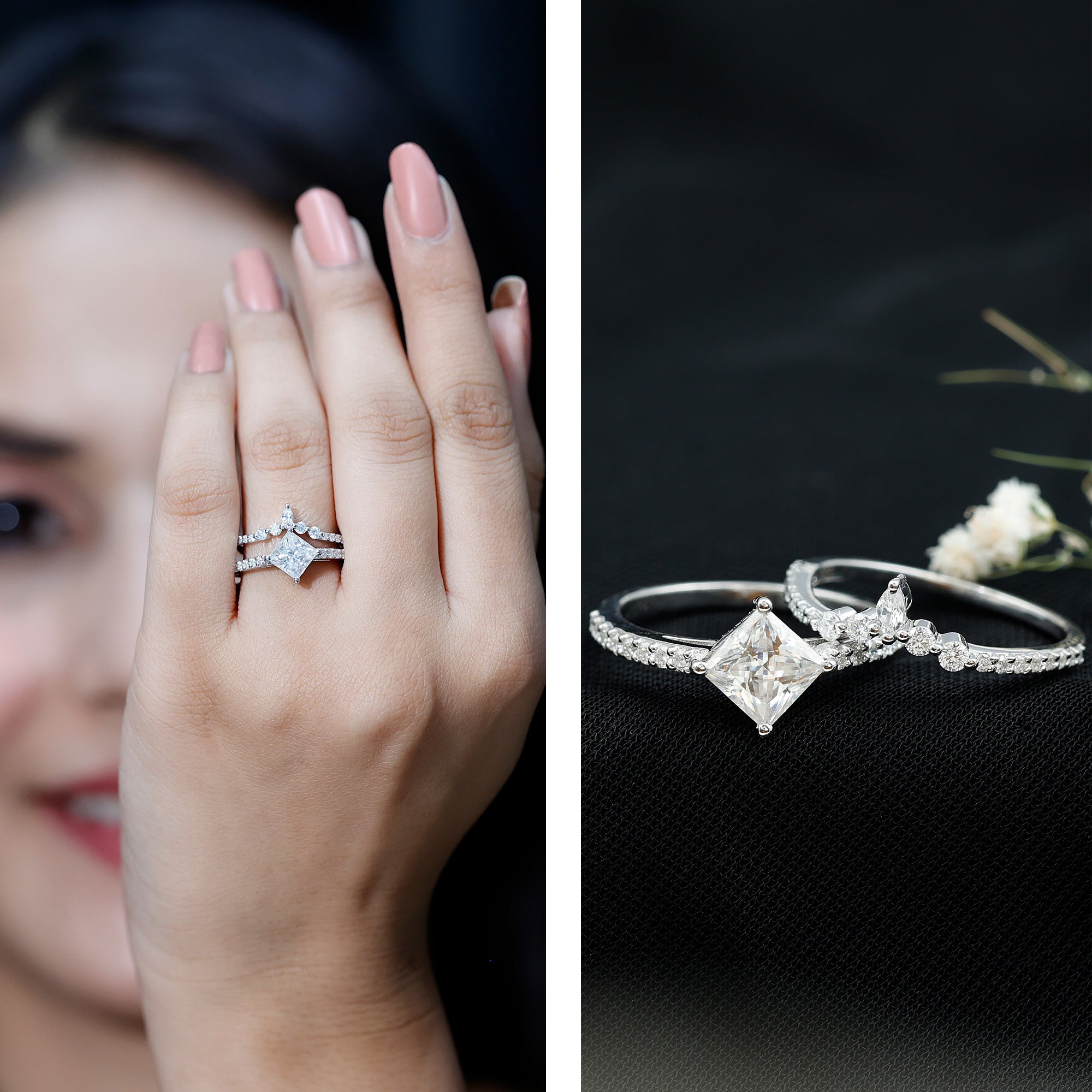 Lab Created Diamond Princess Cut Engagement Ring With Enhancer Lab - ( EF-VS ) - Rosec Jewels