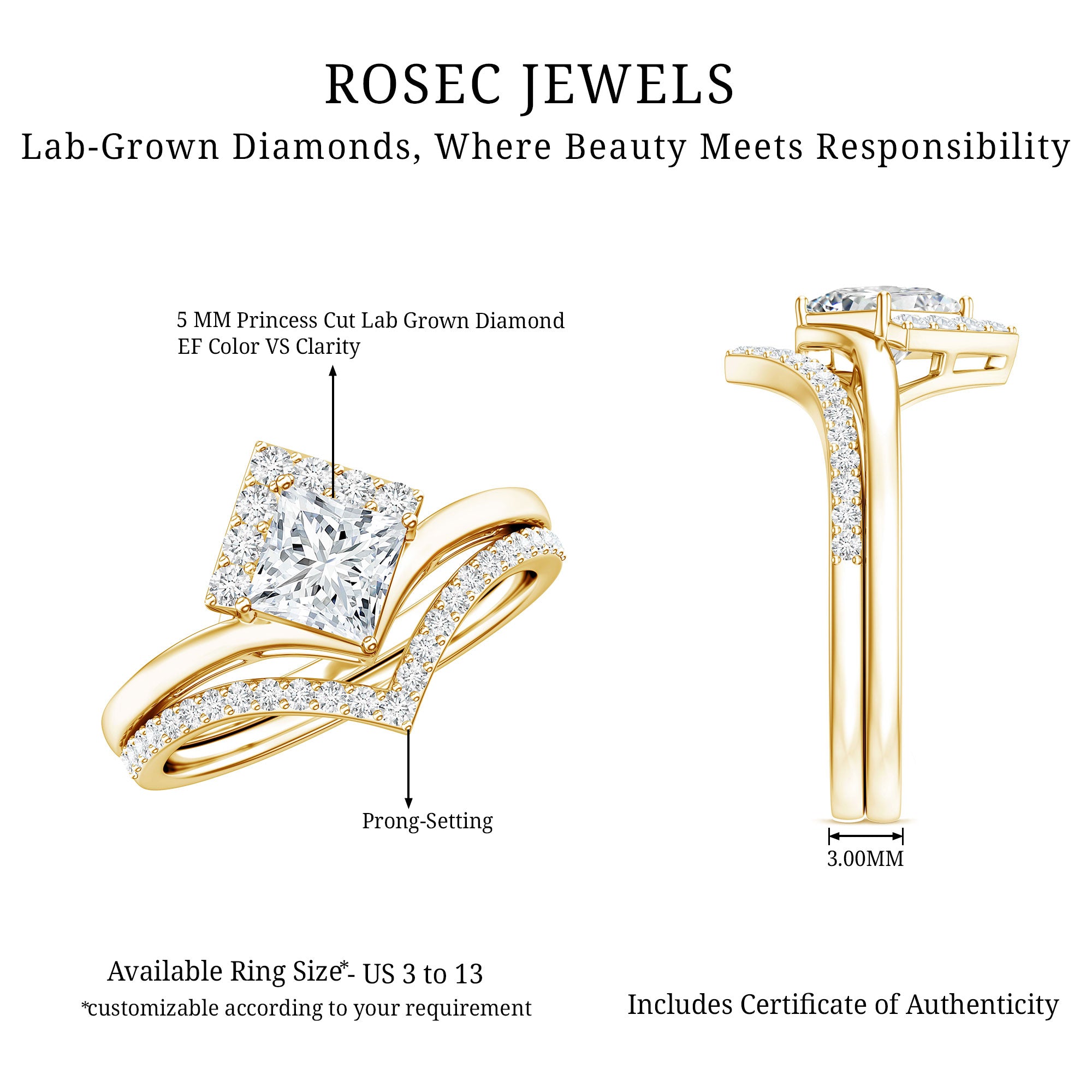 Lab Grown Diamond Princess Cut Engagement Ring With Ring Guard Lab - ( EF-VS ) - Rosec Jewels