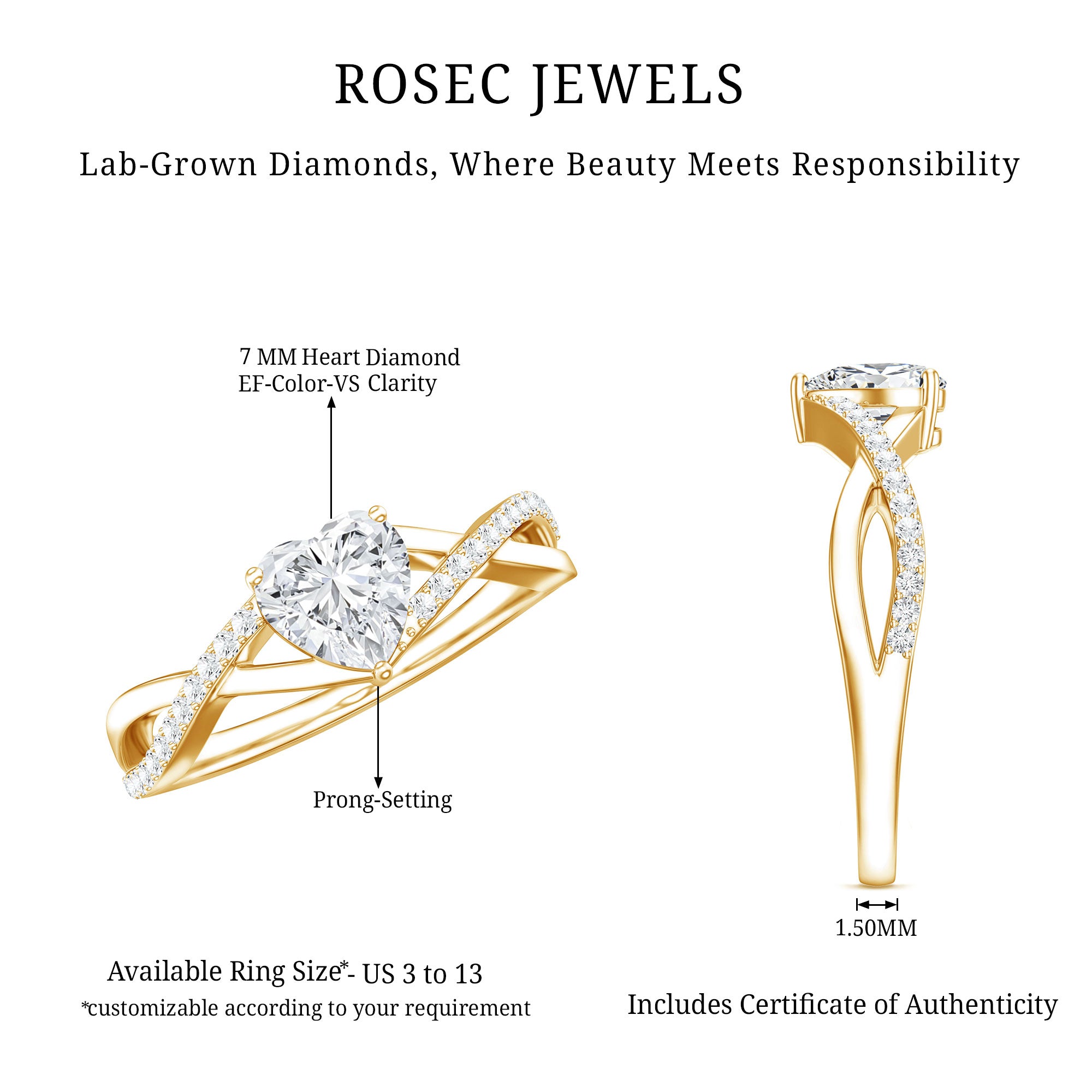 Lab Created Diamond Heart Crossover Engagement Ring Lab - ( EF-VS ) - Rosec Jewels