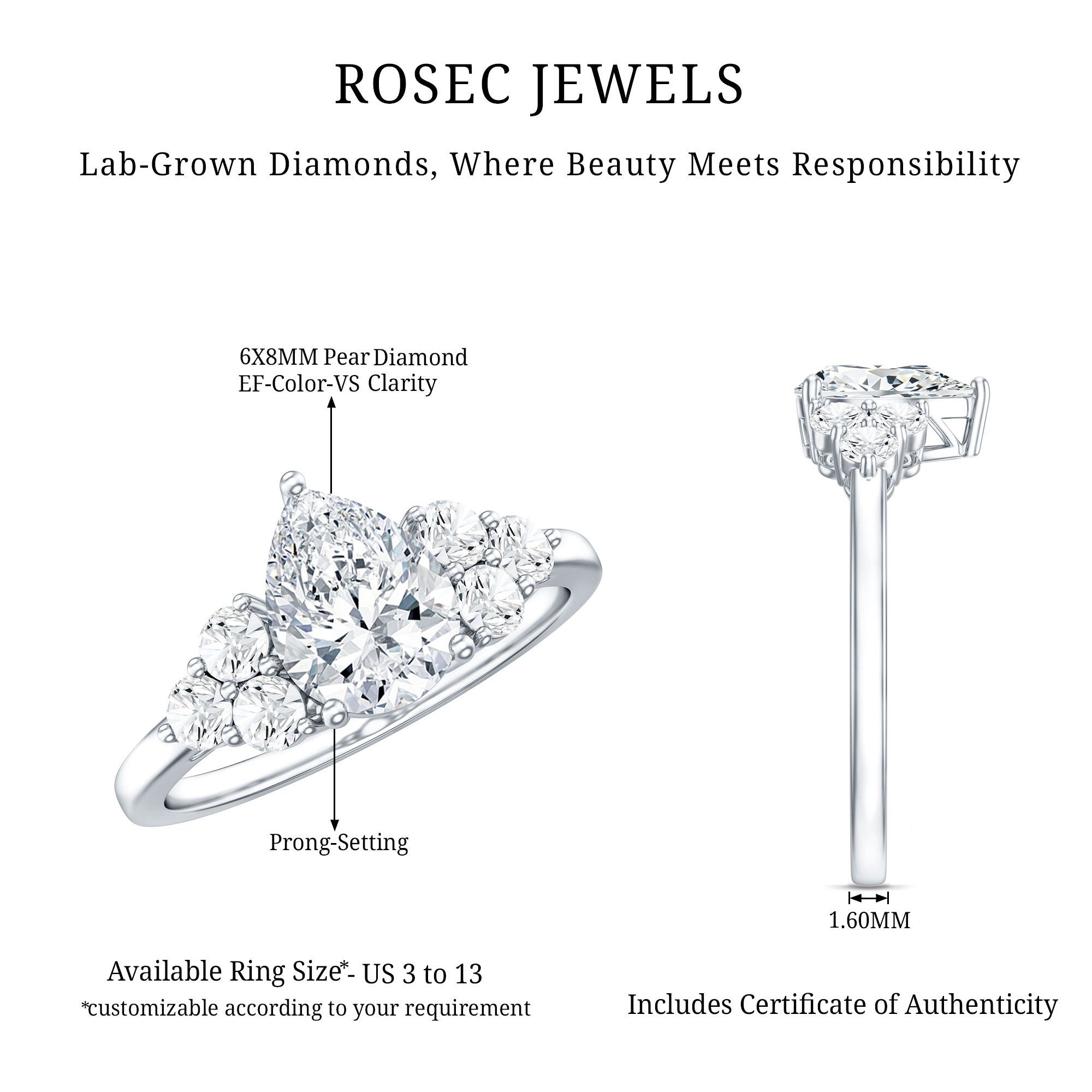 Lab Grown Diamond Teardrop Engagement Ring With Round Shape Trio Lab - ( EF-VS ) - Rosec Jewels