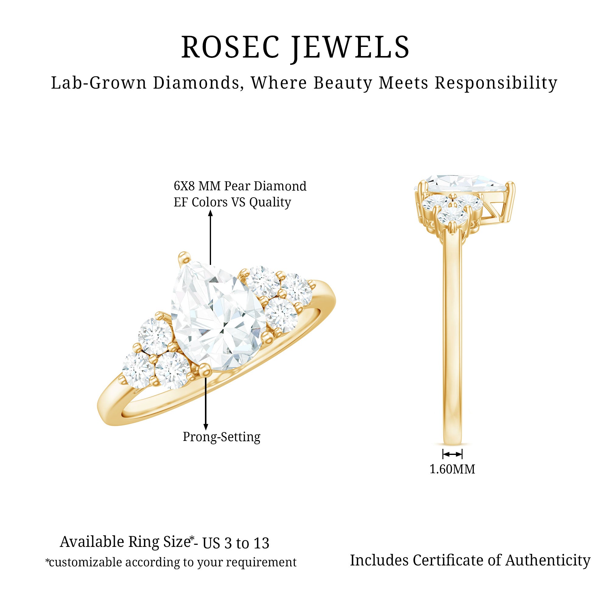 Rosec Jewels-Lab Grown Diamond Teardrop Engagement Ring With Round Shape Trio