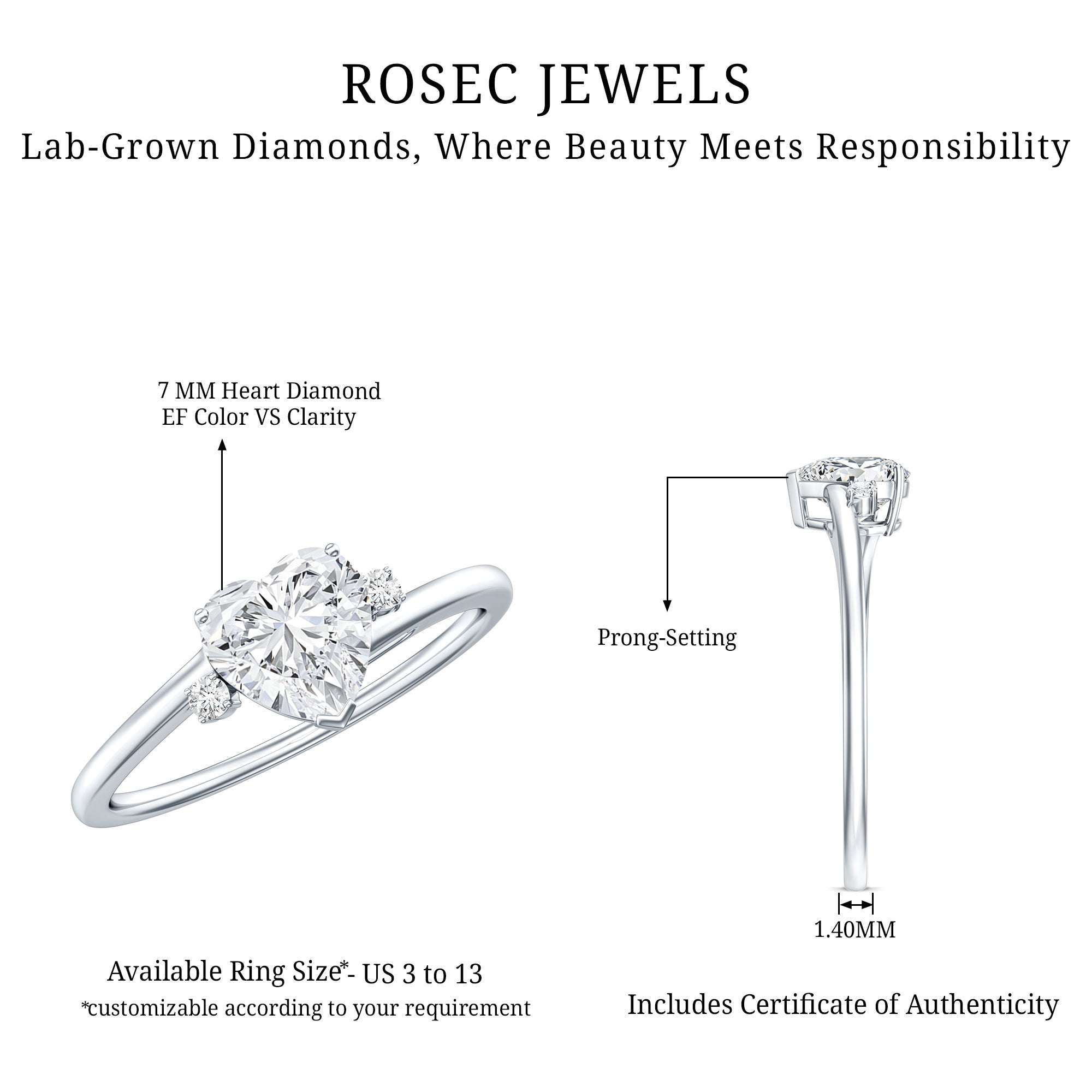 7 mm Heart Lab Grown Diamond Proposal Ring For Her Lab - ( EF-VS ) - Rosec Jewels