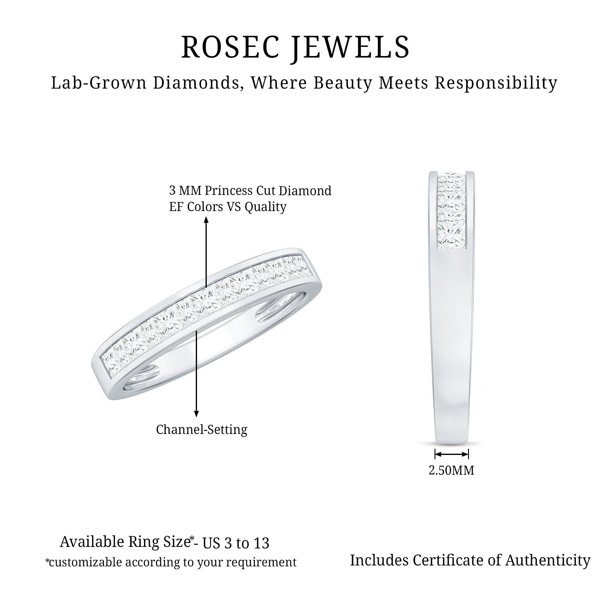 Rosec Jewels-Certified Brilliant Cut Diamond Princess Cut Wedding Band