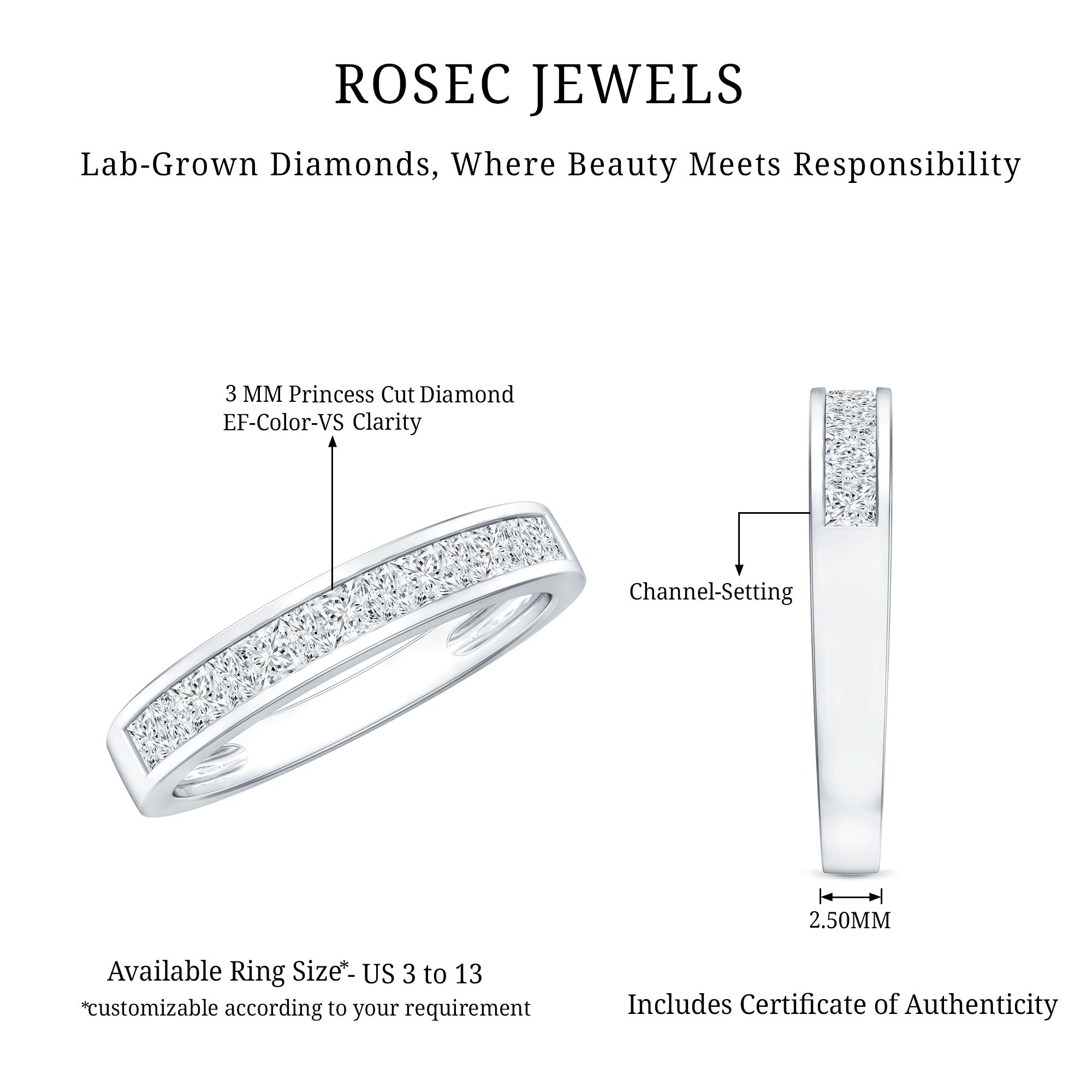 Certified Brilliant Cut Diamond Princess Cut Wedding Band Lab - ( EF-VS ) - Rosec Jewels