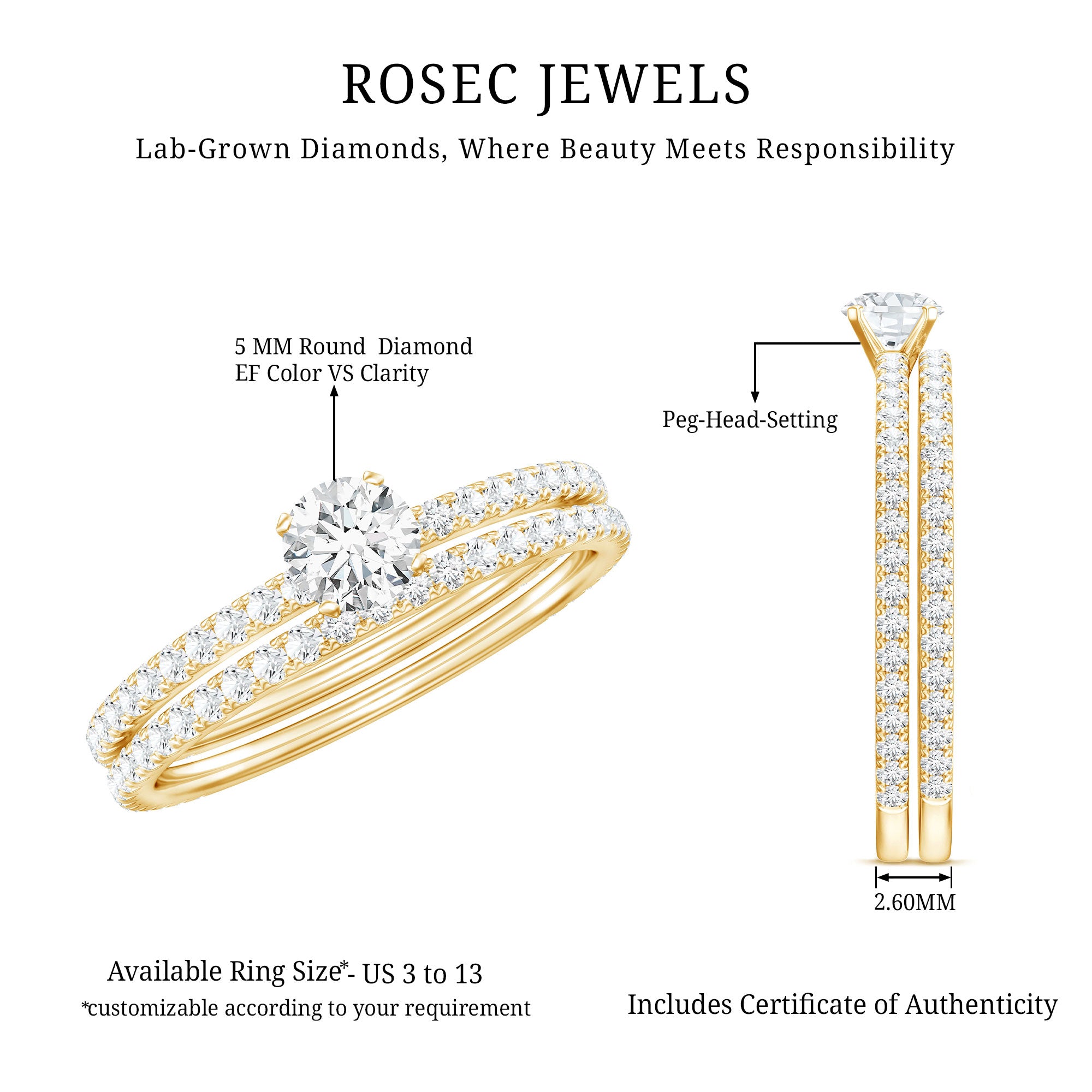 Certified Lab Created Diamond Wedding Ring Set For Bride Lab - ( EF-VS ) - Rosec Jewels