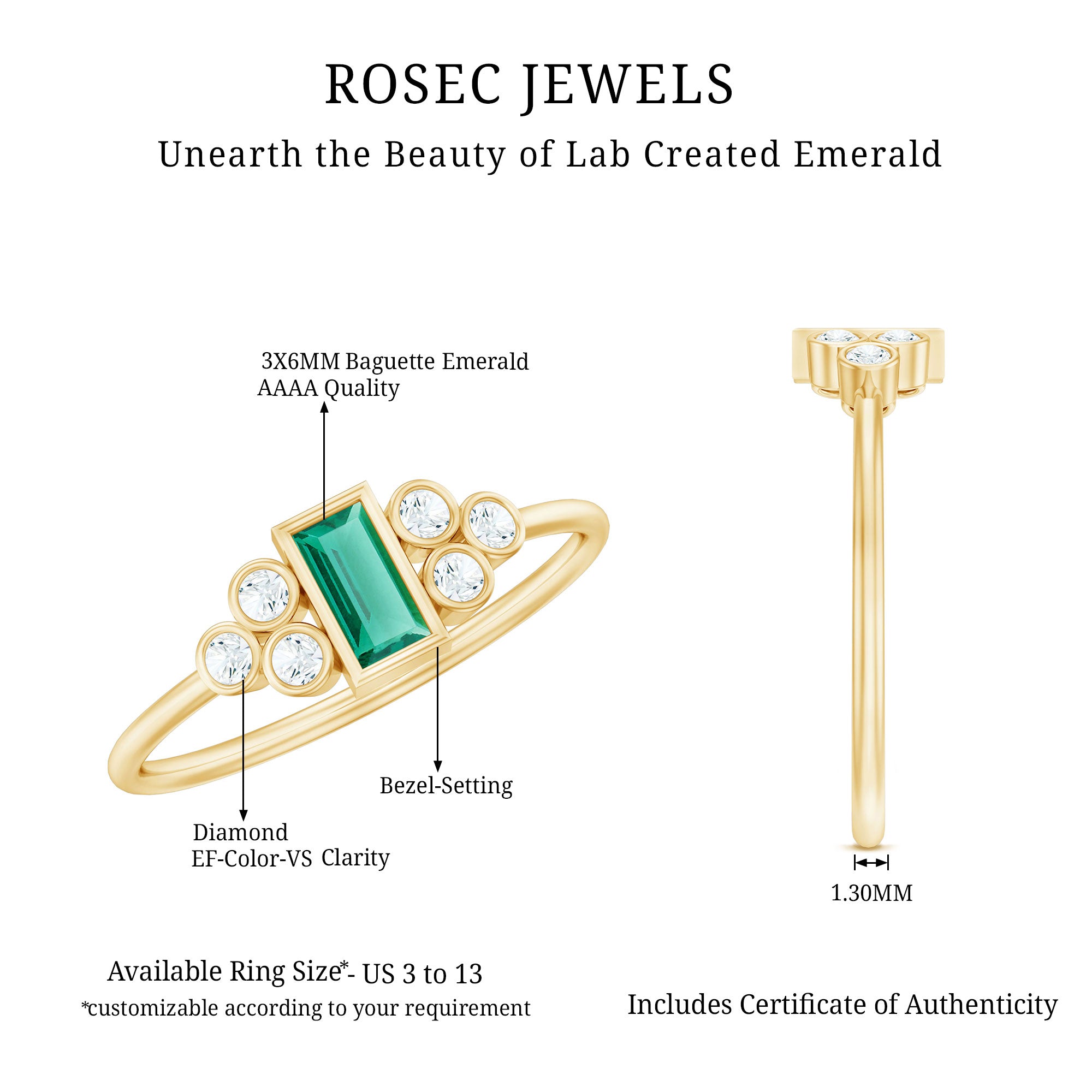 Bezel Set Lab Grown Emerald and Diamond Pre Engagement Ring AAAA 14K Yellow Gold Plated Silver - Rosec Jewels