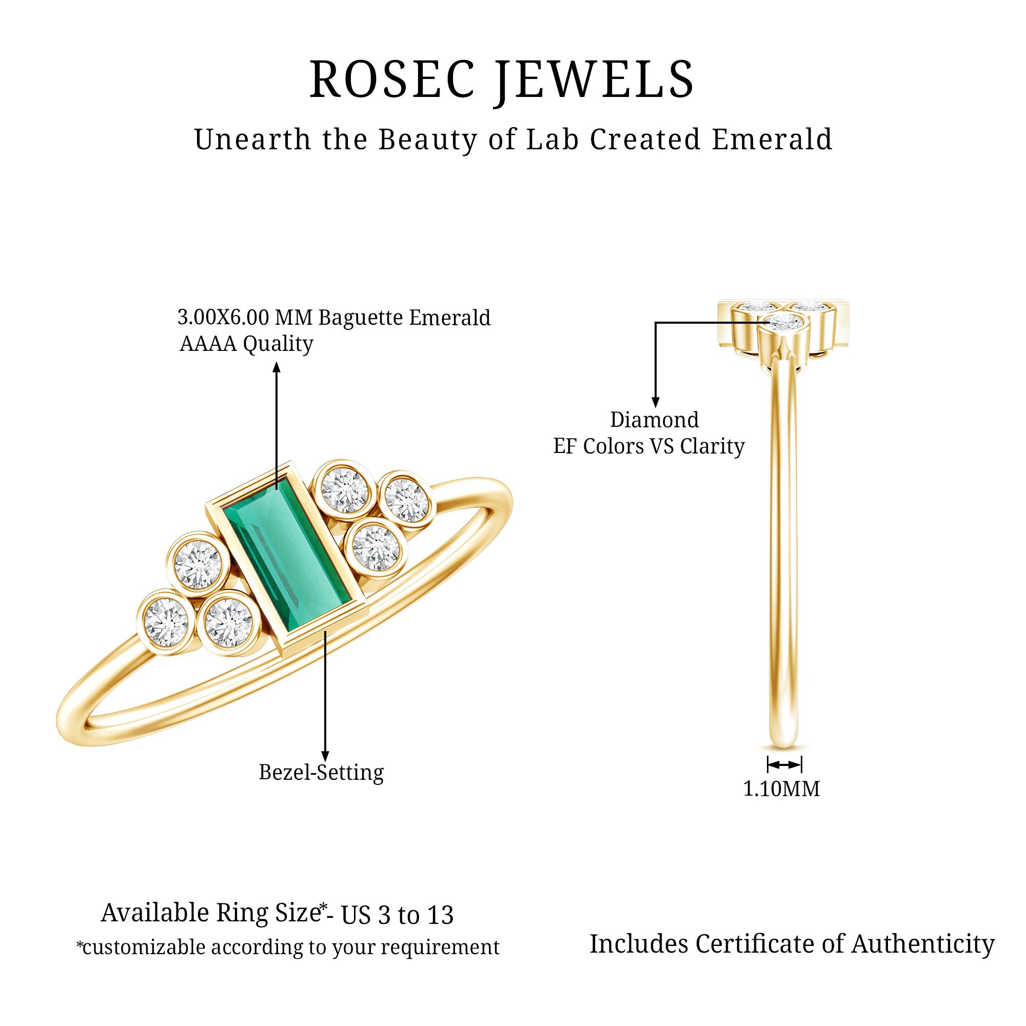 Bezel Set Lab Grown Emerald and Diamond Pre Engagement Ring AAAA 14K Yellow Gold Plated Silver - Rosec Jewels
