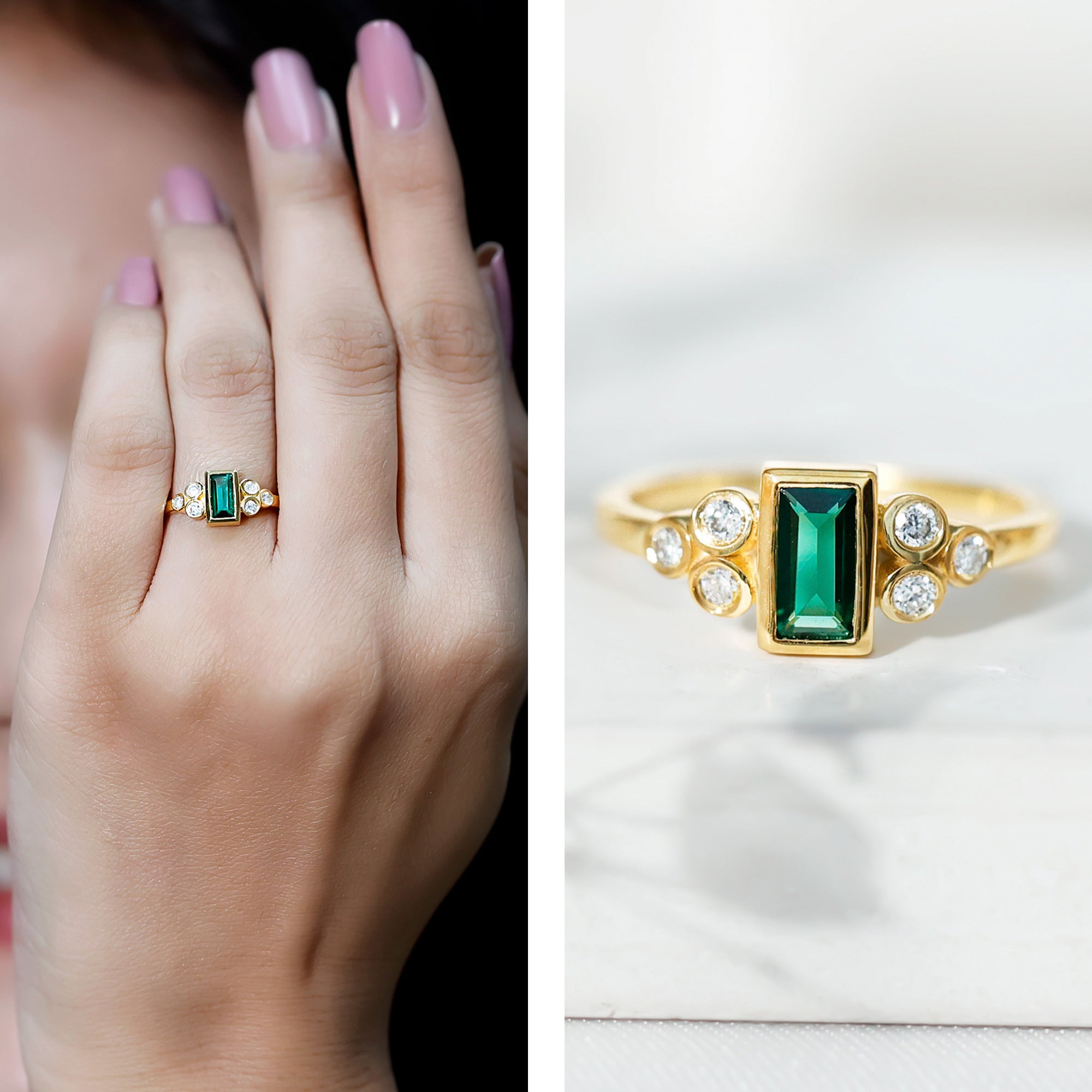 Bezel Set Lab Grown Emerald and Diamond Pre Engagement Ring AAAA 14K Yellow Gold Plated Silver - Rosec Jewels