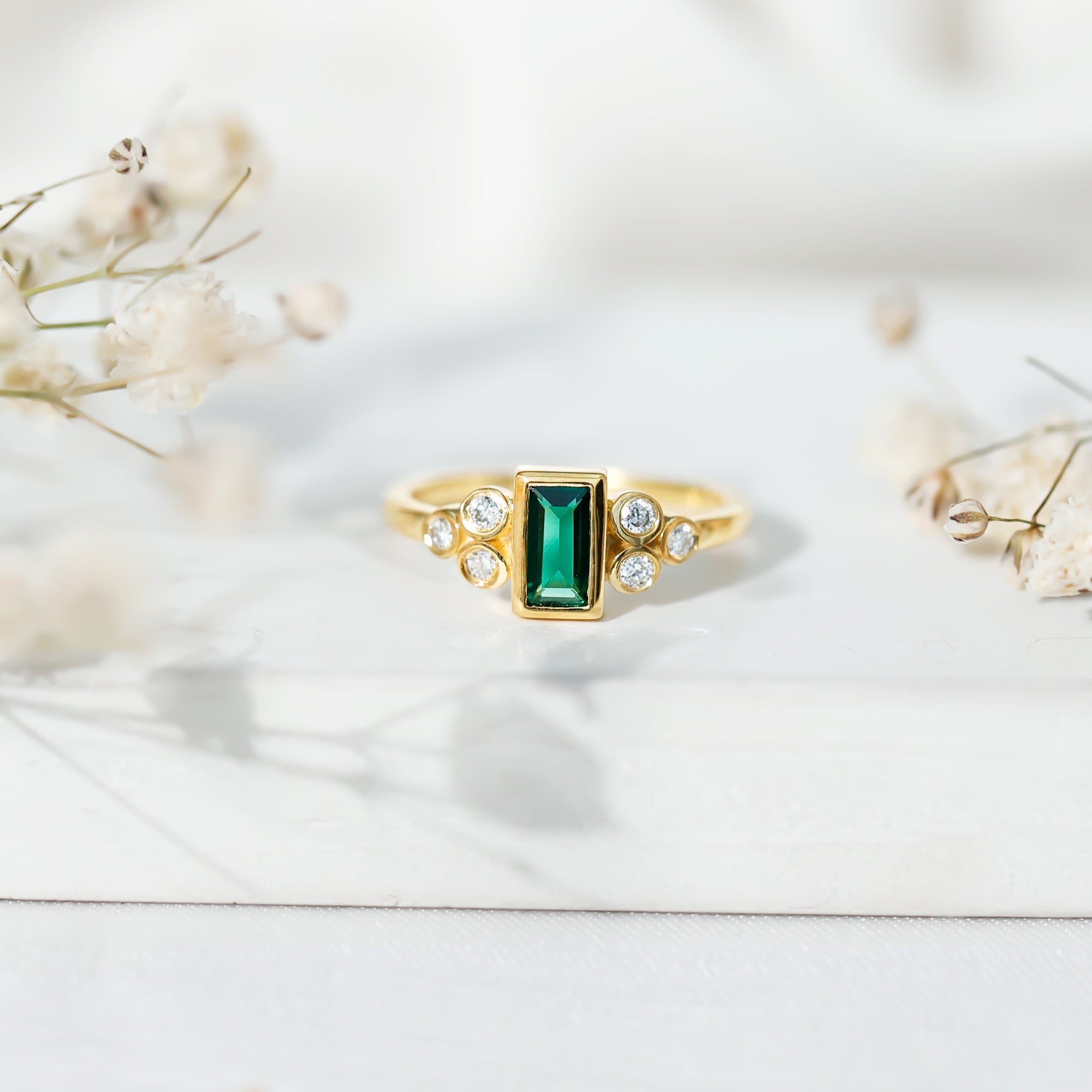 Bezel Set Lab Grown Emerald and Diamond Pre Engagement Ring AAAA 14K Yellow Gold Plated Silver - Rosec Jewels