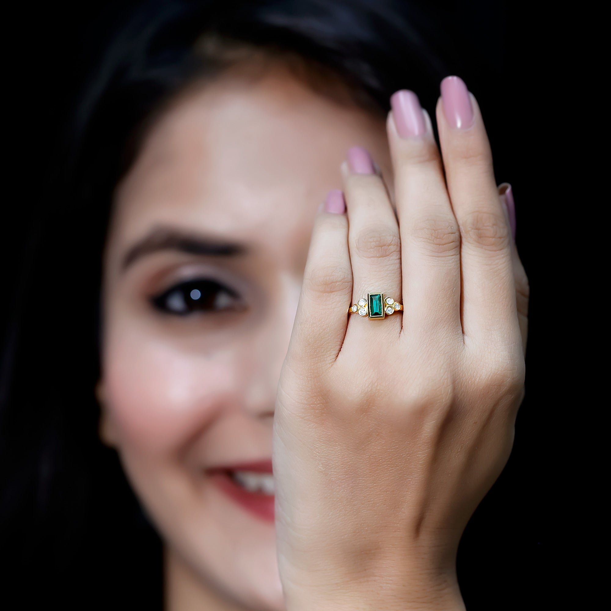 Bezel Set Lab Grown Emerald and Diamond Pre Engagement Ring AAAA 14K Yellow Gold Plated Silver - Rosec Jewels