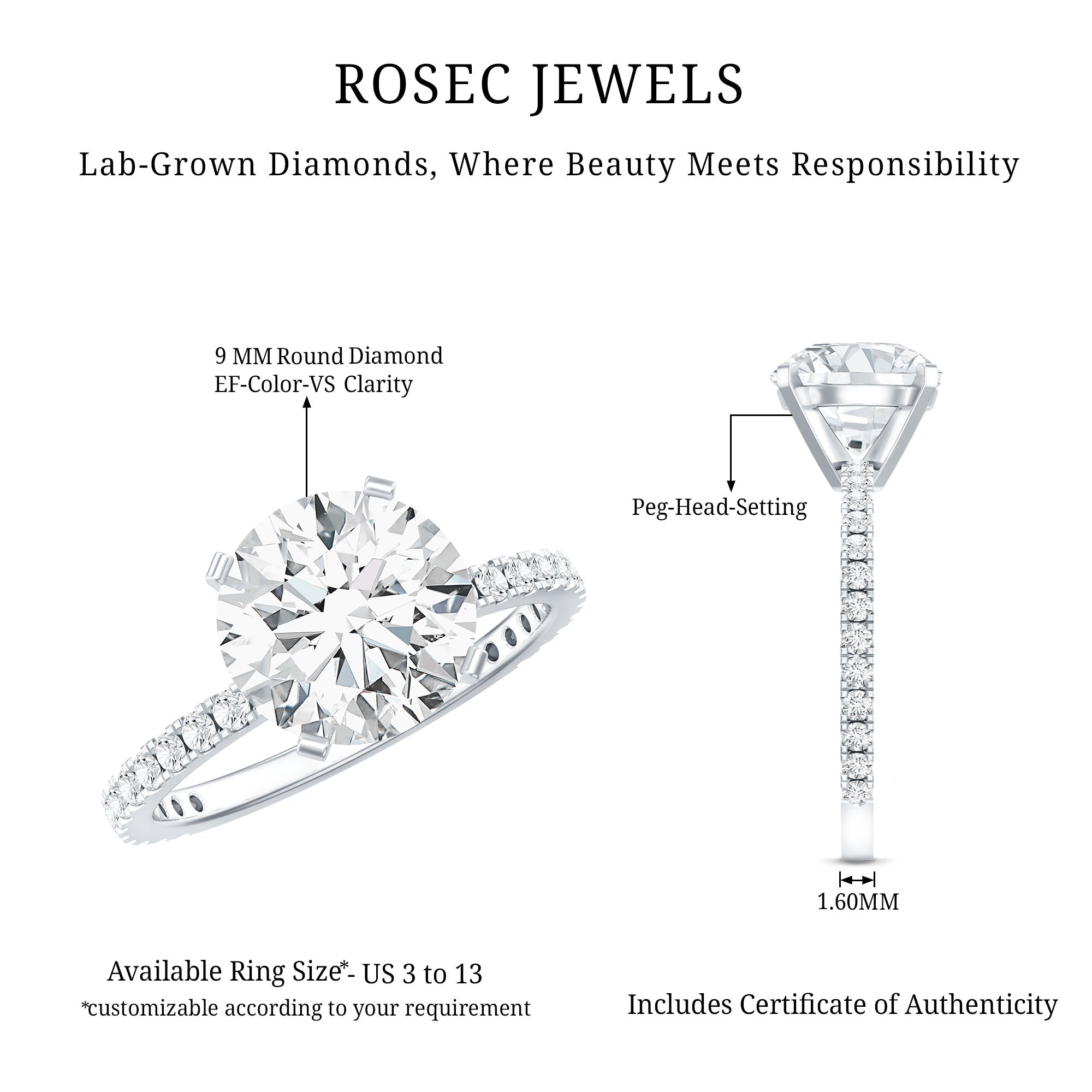 Certified 9 MM Lab Grown Solitaire Diamond Engagement Ring Lab - ( EF-VS ) - Rosec Jewels