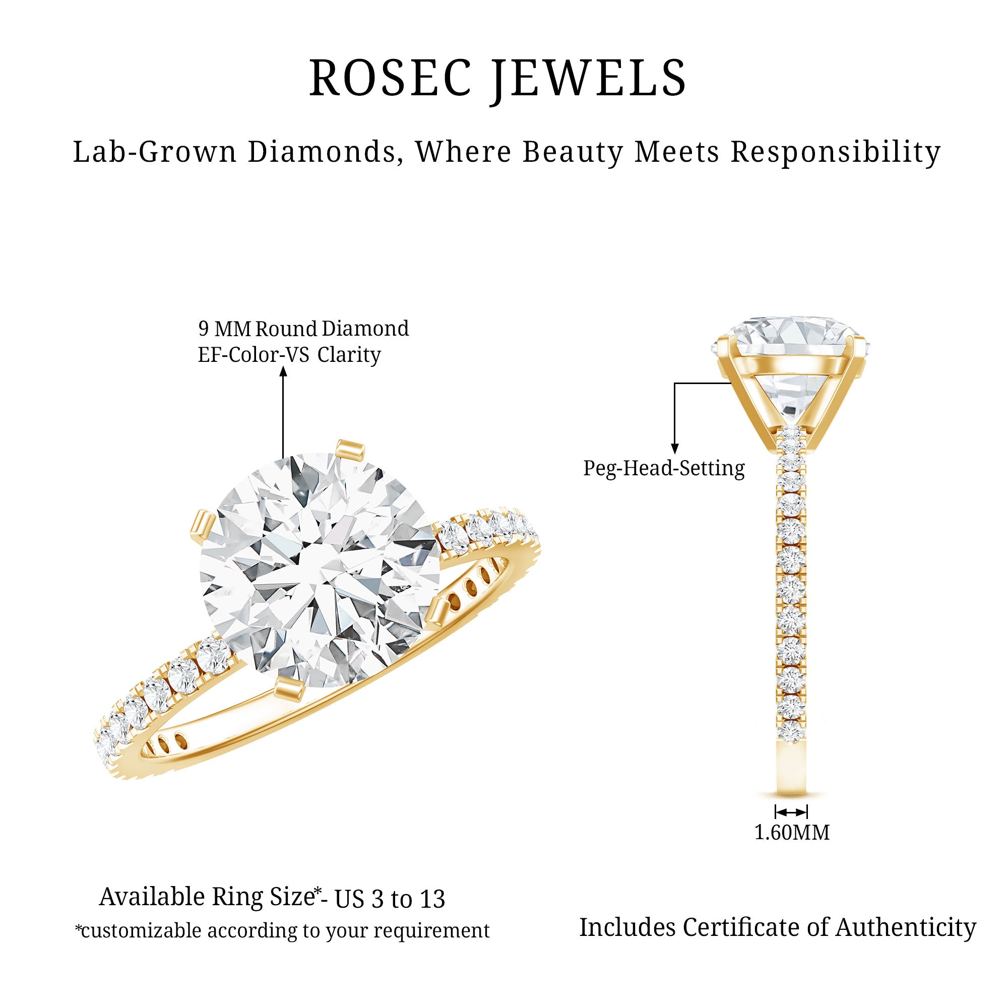 Certified 9 MM Lab Grown Solitaire Diamond Engagement Ring Lab - ( EF-VS ) - Rosec Jewels