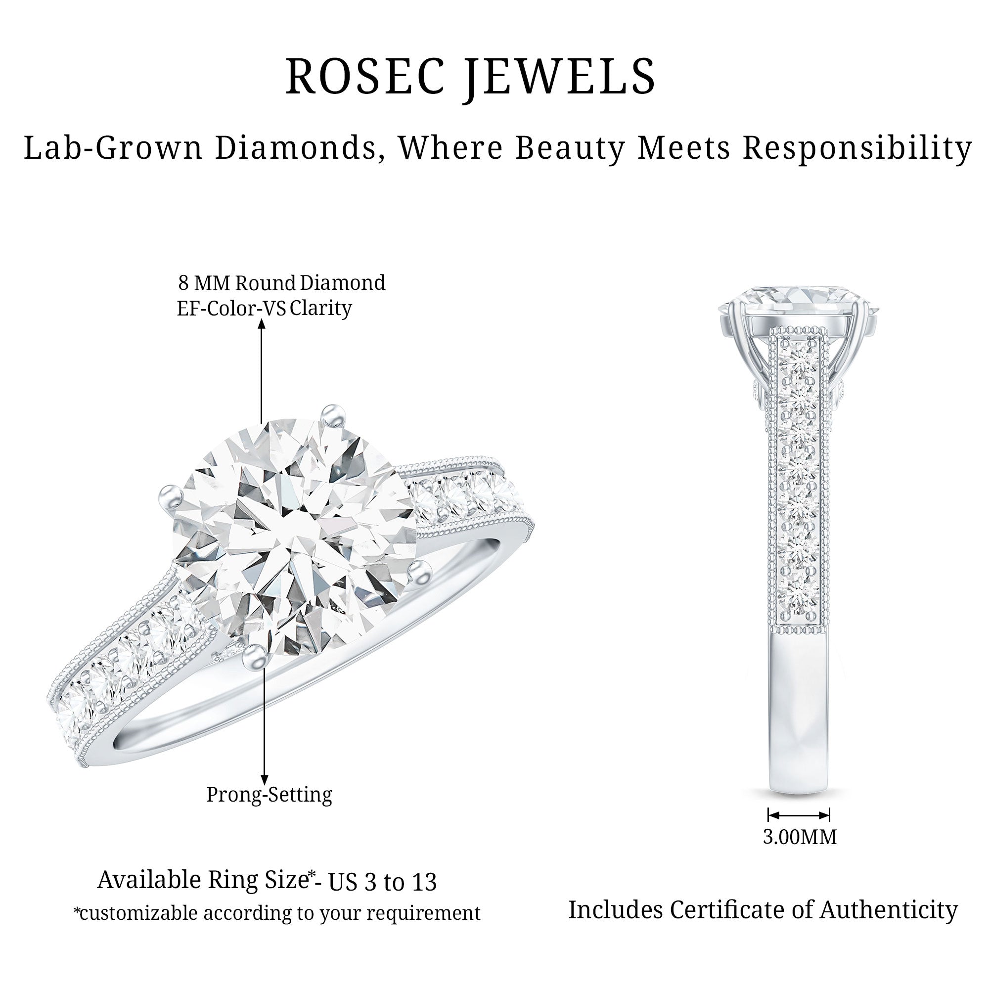 Certified Lab Grown Diamond 2 Carat Solitaire Engagement Ring Lab - ( EF-VS ) - Rosec Jewels
