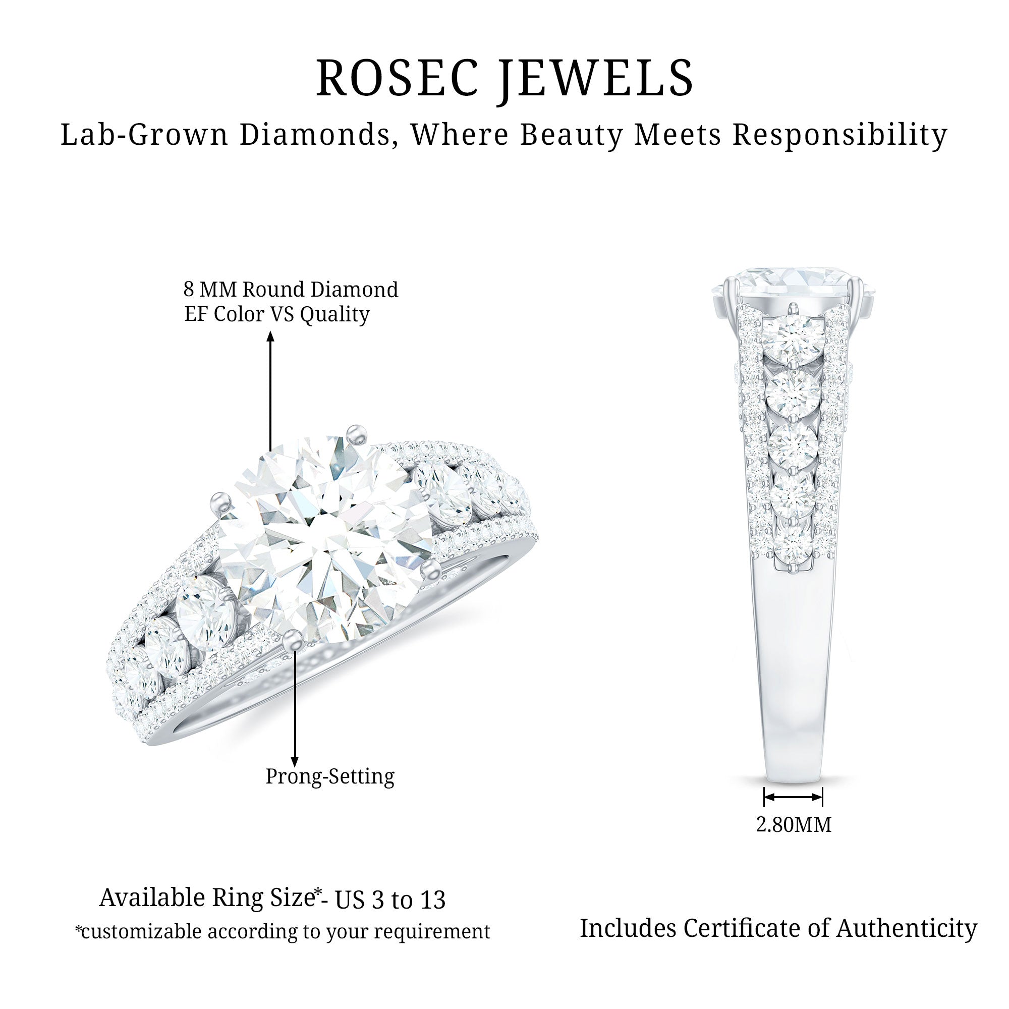 Rosec Jewels-Lab Grown Diamond Statement Engagement Ring With Side Stones