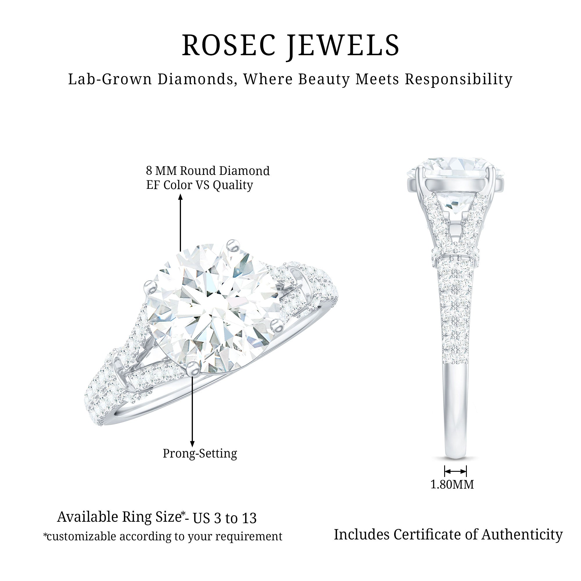 Rosec Jewels-Certified Brilliant Cut Diamond Split Shank Engagement Ring