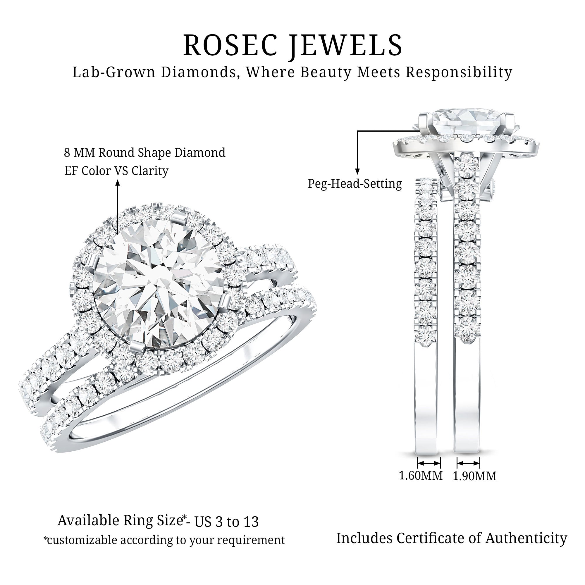 Certified Lab Grown Diamond Halo Ring With Wedding Band Lab - ( EF-VS ) - Rosec Jewels