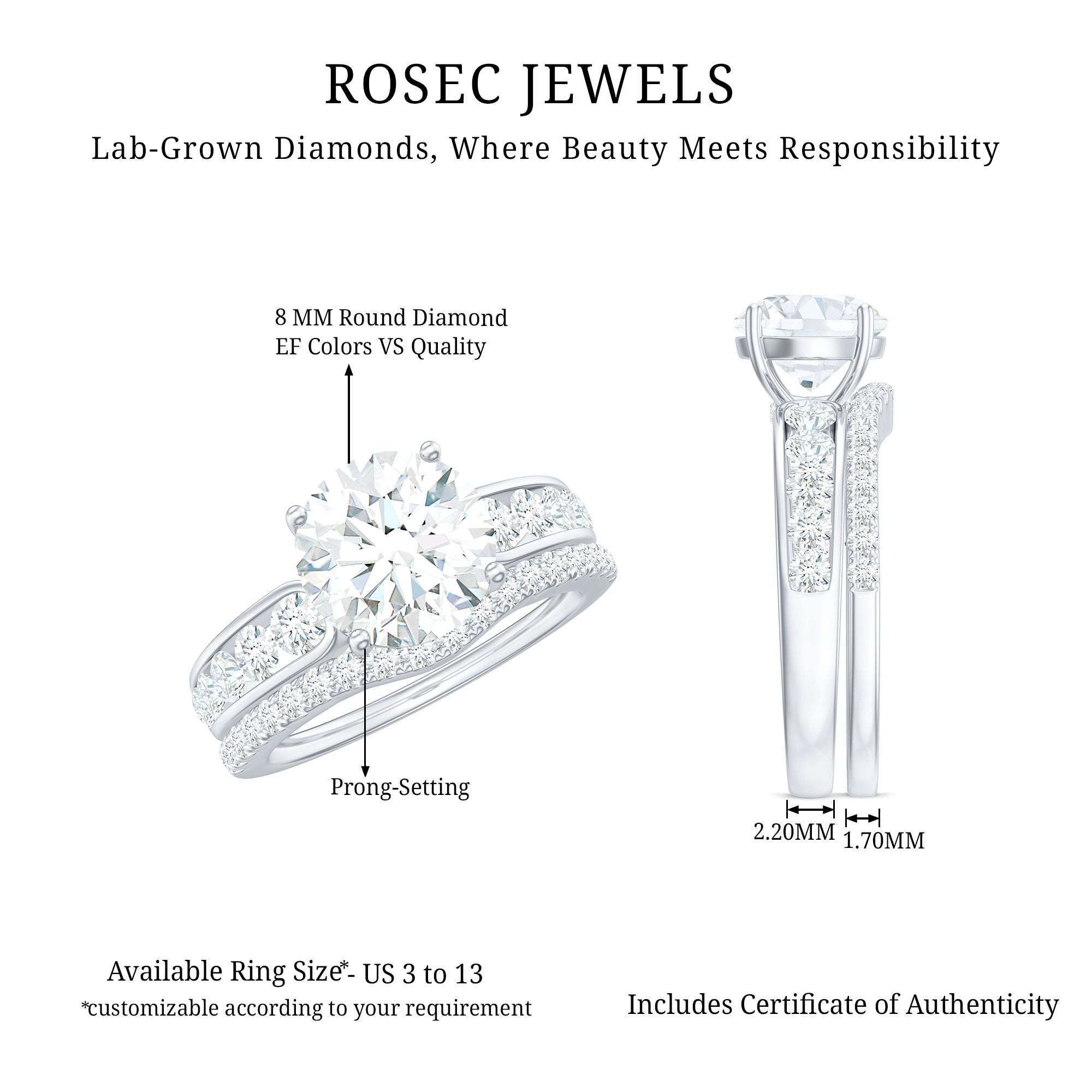 Certified Lab Diamond 8 MM Round Engagement Ring with Enhancer Lab - ( EF-VS ) - Rosec Jewels