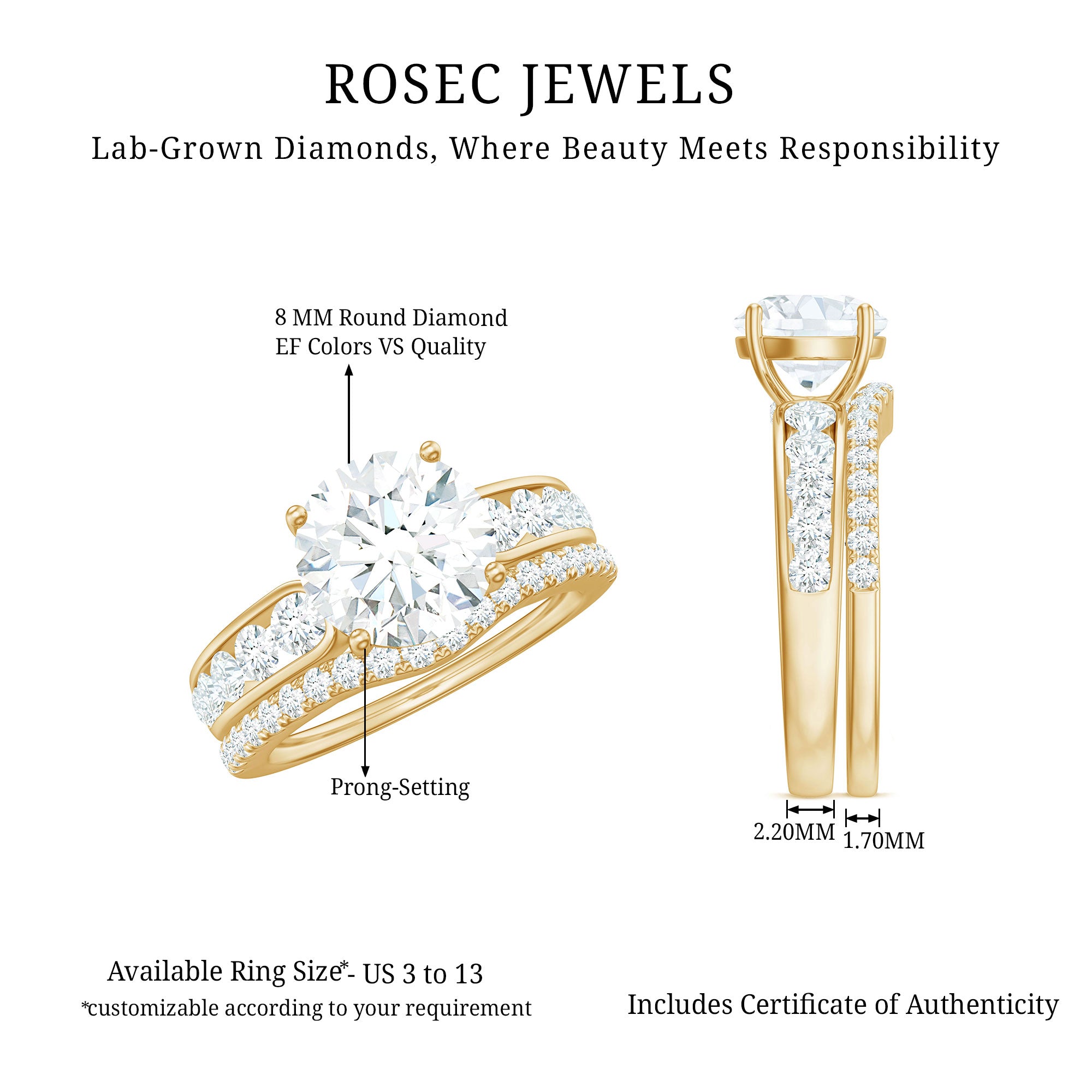 Certified Lab Diamond 8 MM Round Engagement Ring with Enhancer Lab - ( EF-VS ) - Rosec Jewels