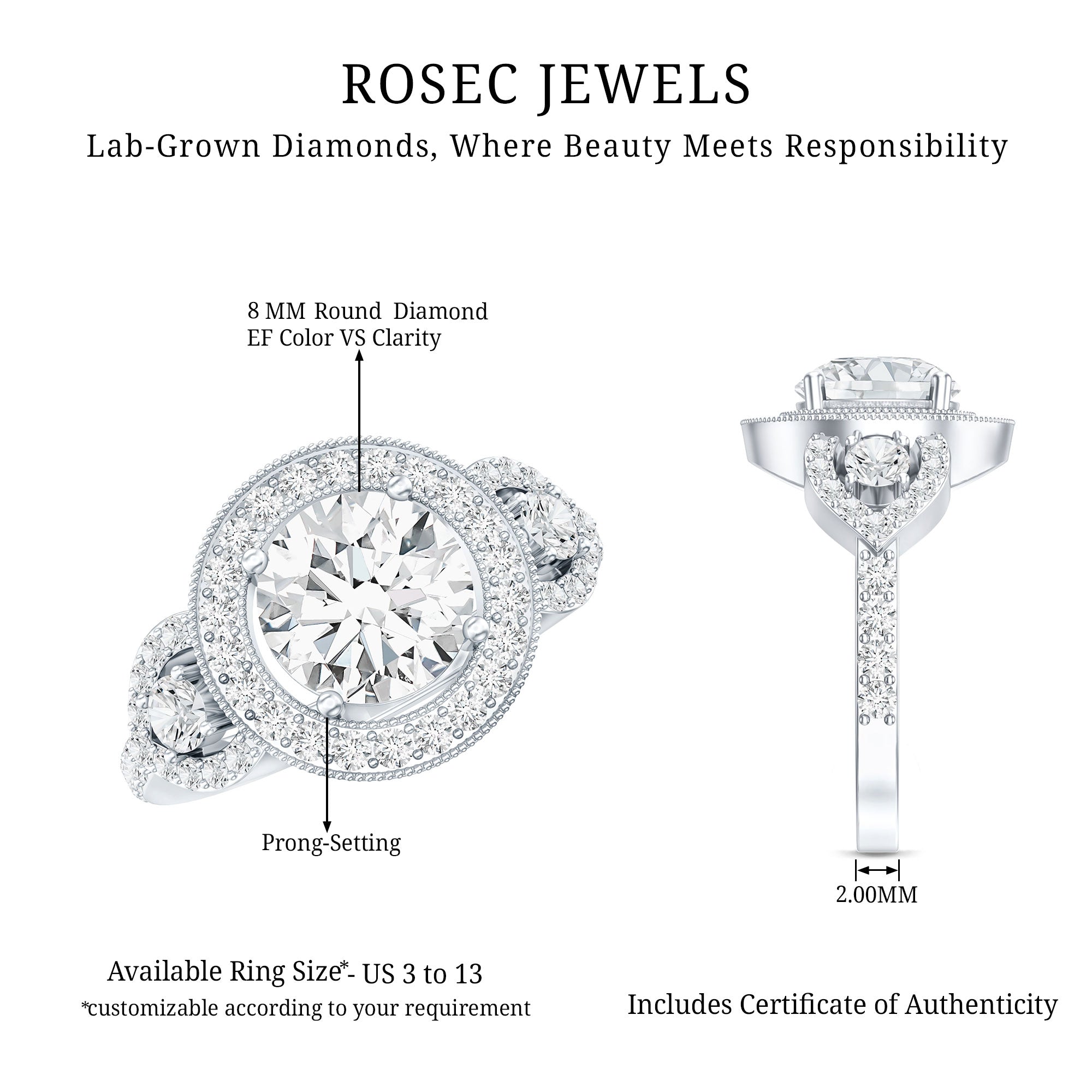 Round Cut Diamond Antique Looking Engagement Ring Lab - ( EF-VS ) - Rosec Jewels