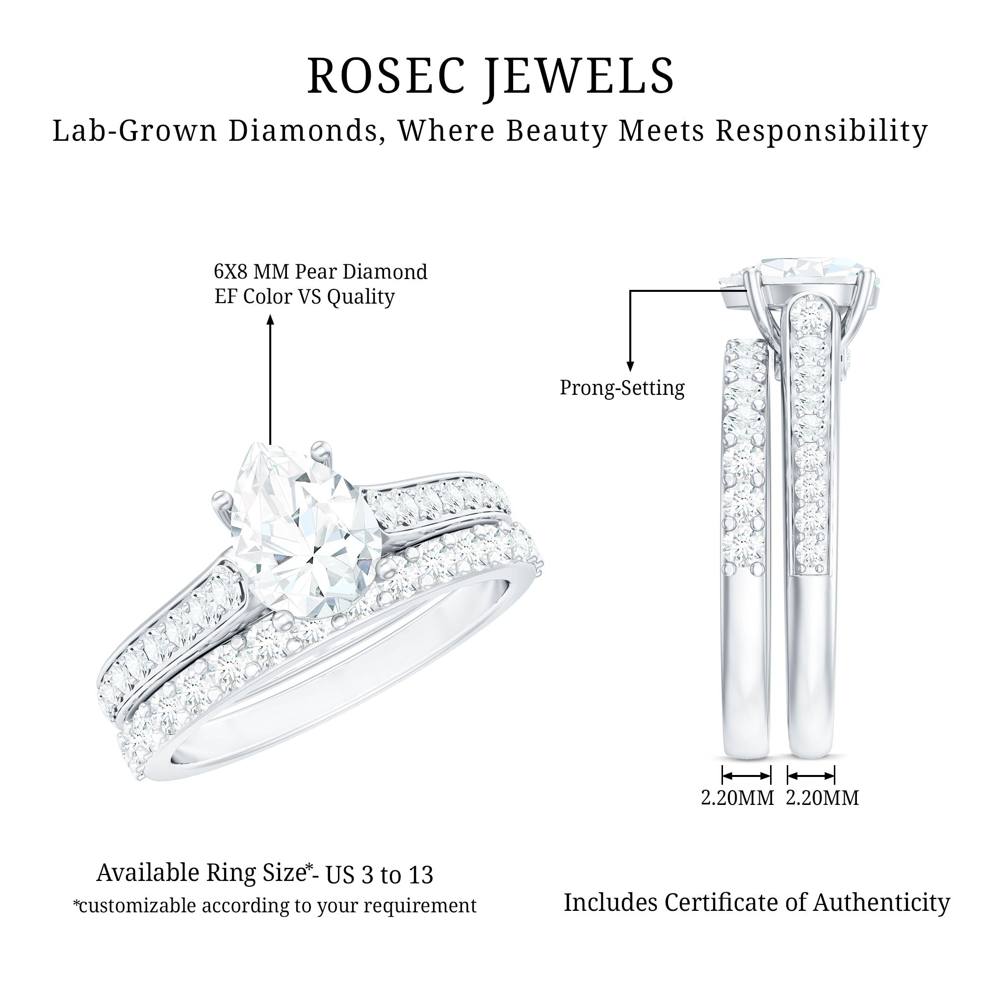 Rosec Jewels-Pear Cut 6X8 MM Lab Grown Diamond Marriage Ring Set for Women