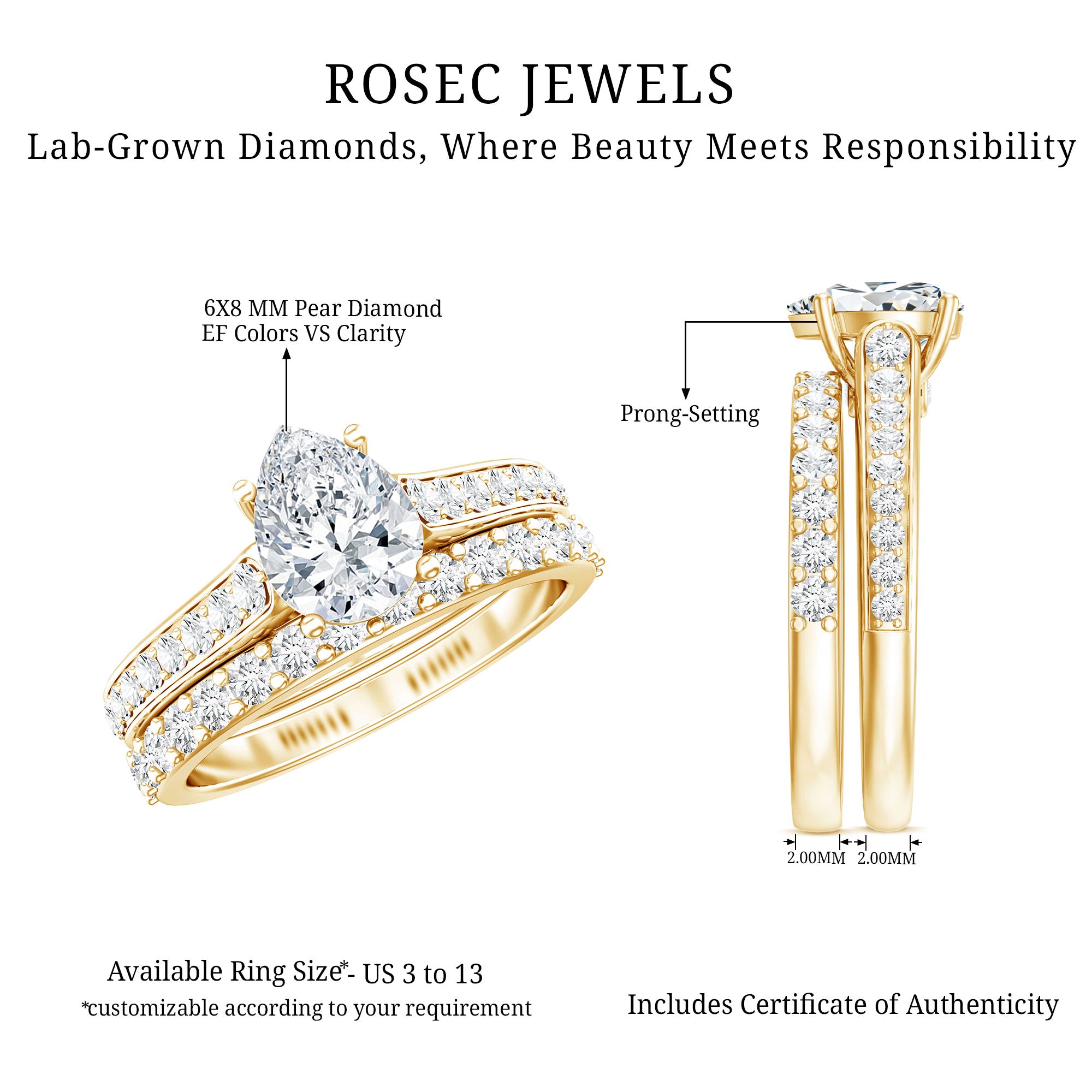 Pear Cut 6X8 MM Lab Grown Diamond Marriage Ring Set for Women Lab - ( EF-VS ) - Rosec Jewels