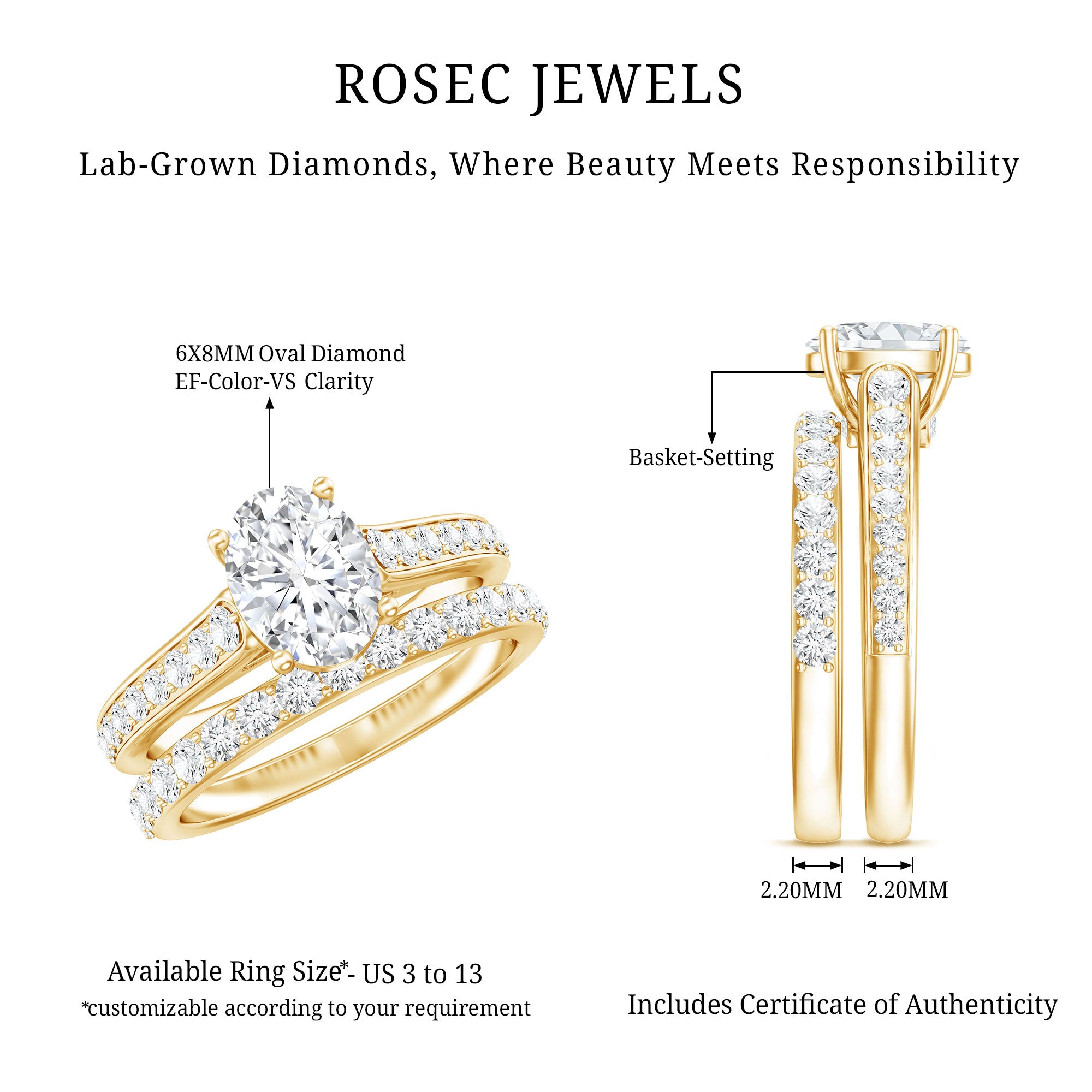 6X8 MM Oval Lab Created Diamond Solitaire Engagement Ring Set for Women Lab - ( EF-VS ) - Rosec Jewels
