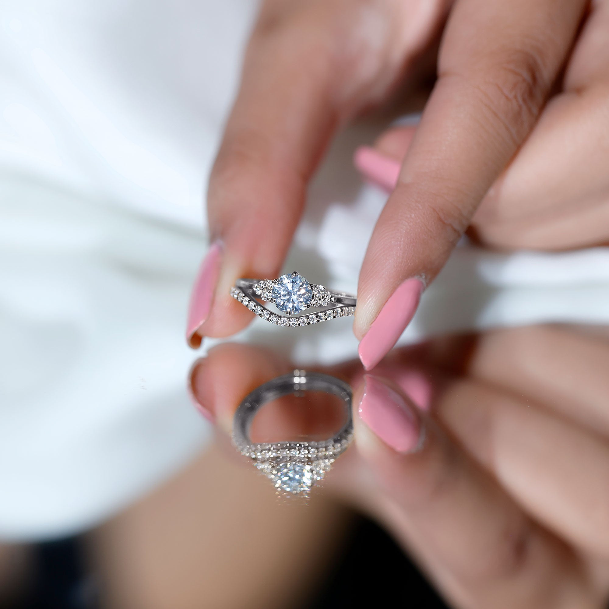 Certified Diamond Bridal Ring Set with Curved Band Lab - ( EF-VS ) - Rosec Jewels