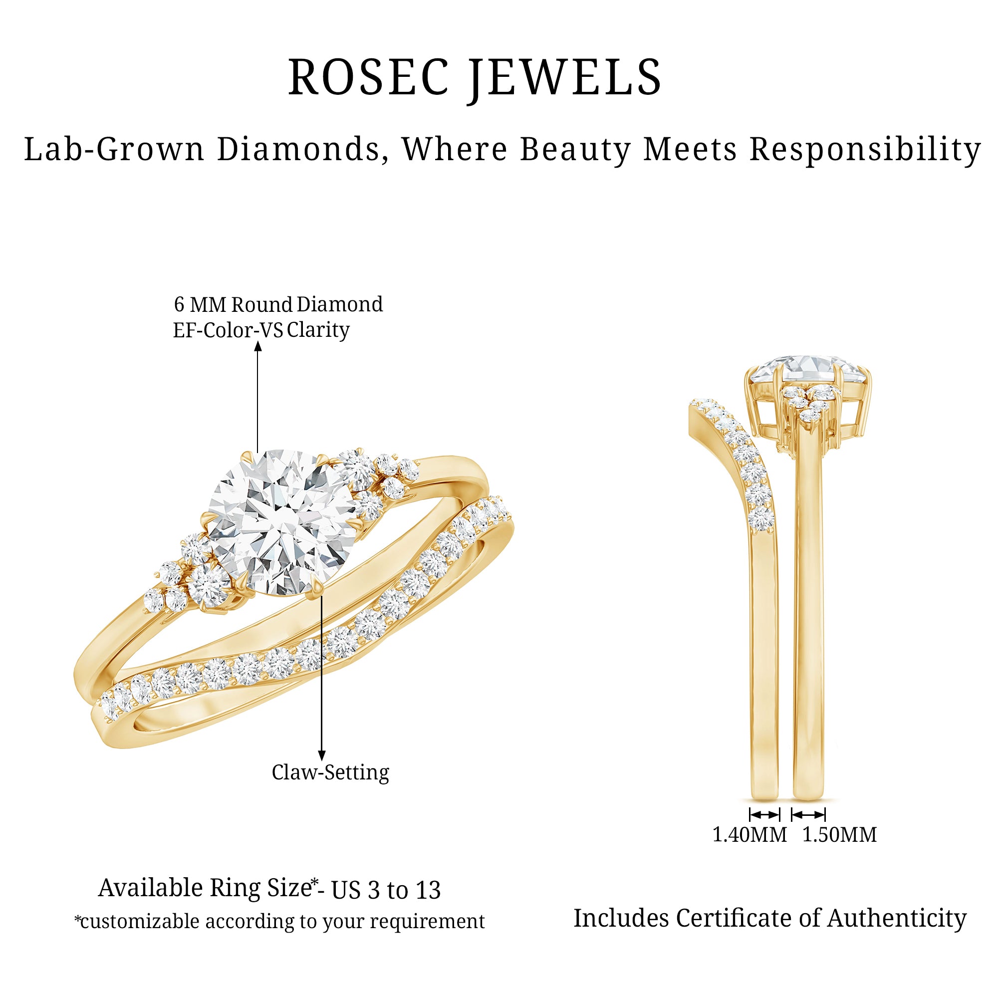 Certified Diamond Bridal Ring Set with Curved Band Lab - ( EF-VS ) - Rosec Jewels