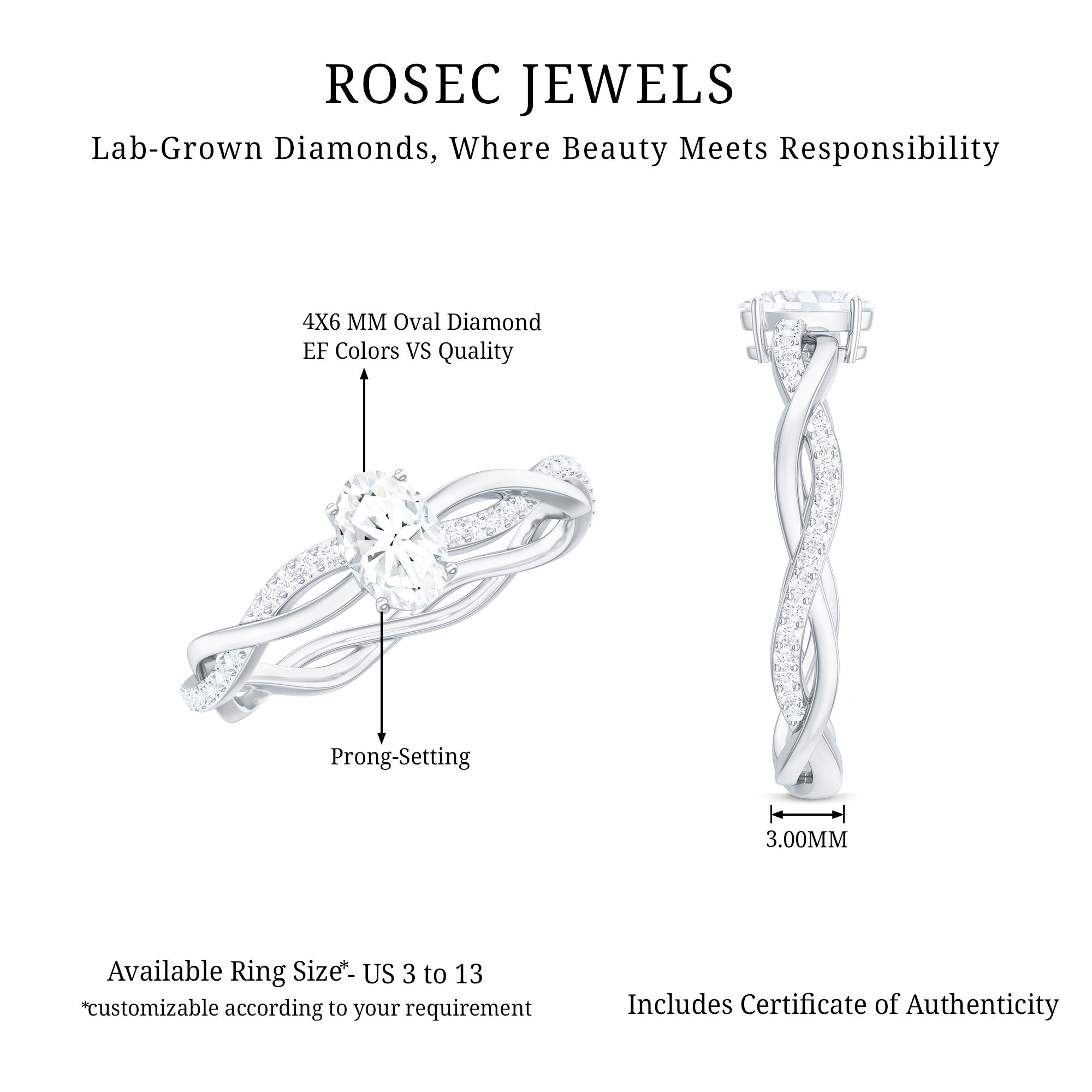 Lab Grown Diamond Promise Ring With Twisted Shank Lab - ( EF-VS ) - Rosec Jewels